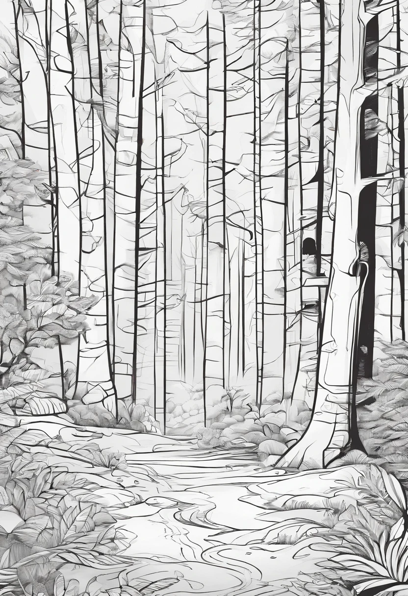 Meisterwerk, best qulaity, Cartoon-style, 3 Kids, looking in the forste, big Forest, Lineart