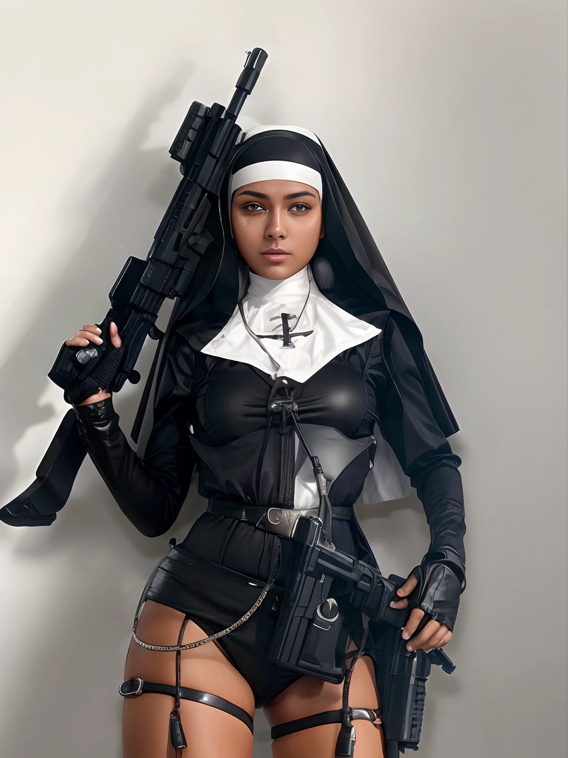 nun with gun, beautiful face, looking on the left, tanned