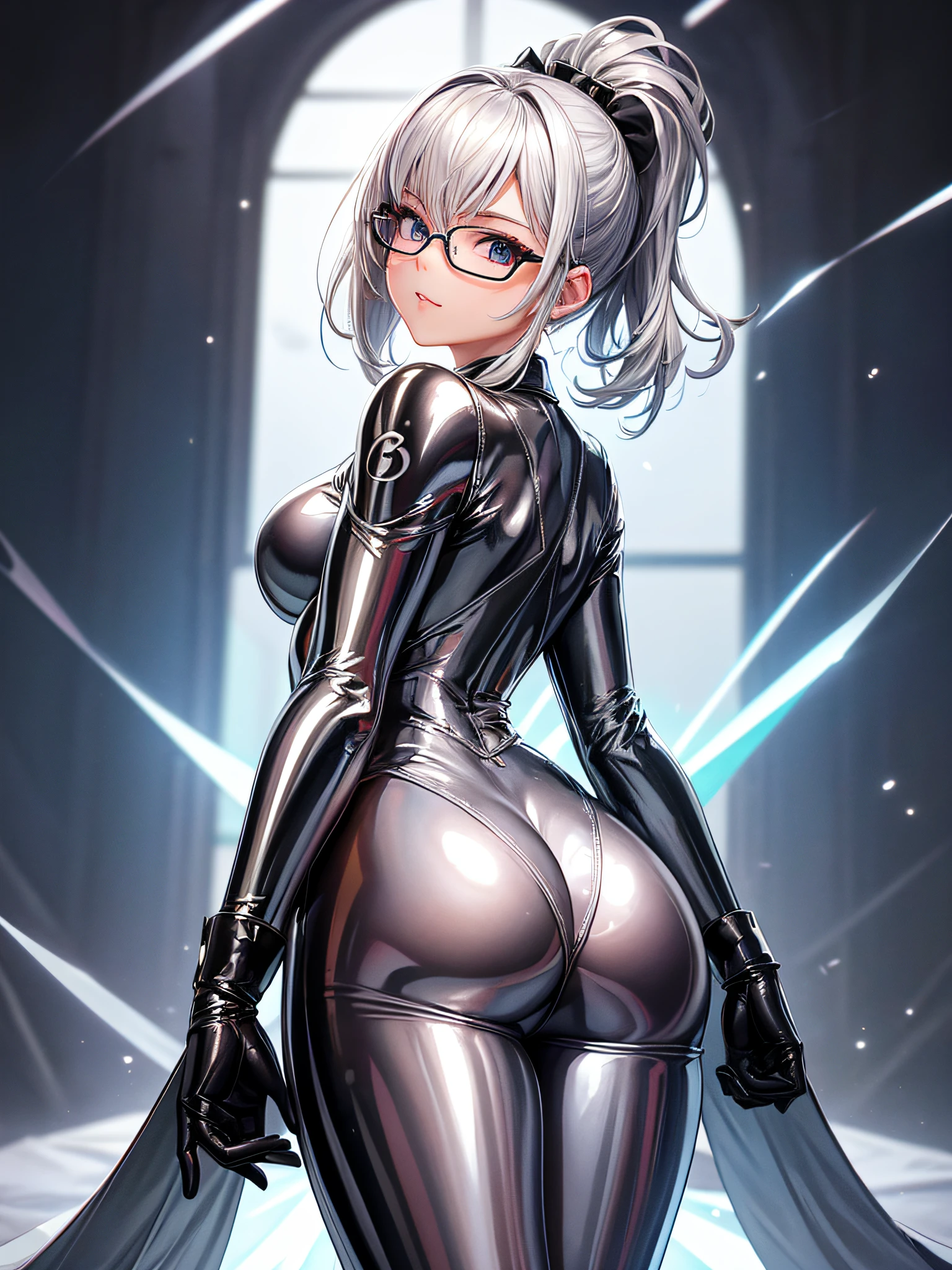 5 8K UHD、Silver-haired beauty in shiny full-body silver latex suit with glasses is looking back showing her buttocks、Beauty with shiny silver latex suit glasses with hidden skin、Upper body only