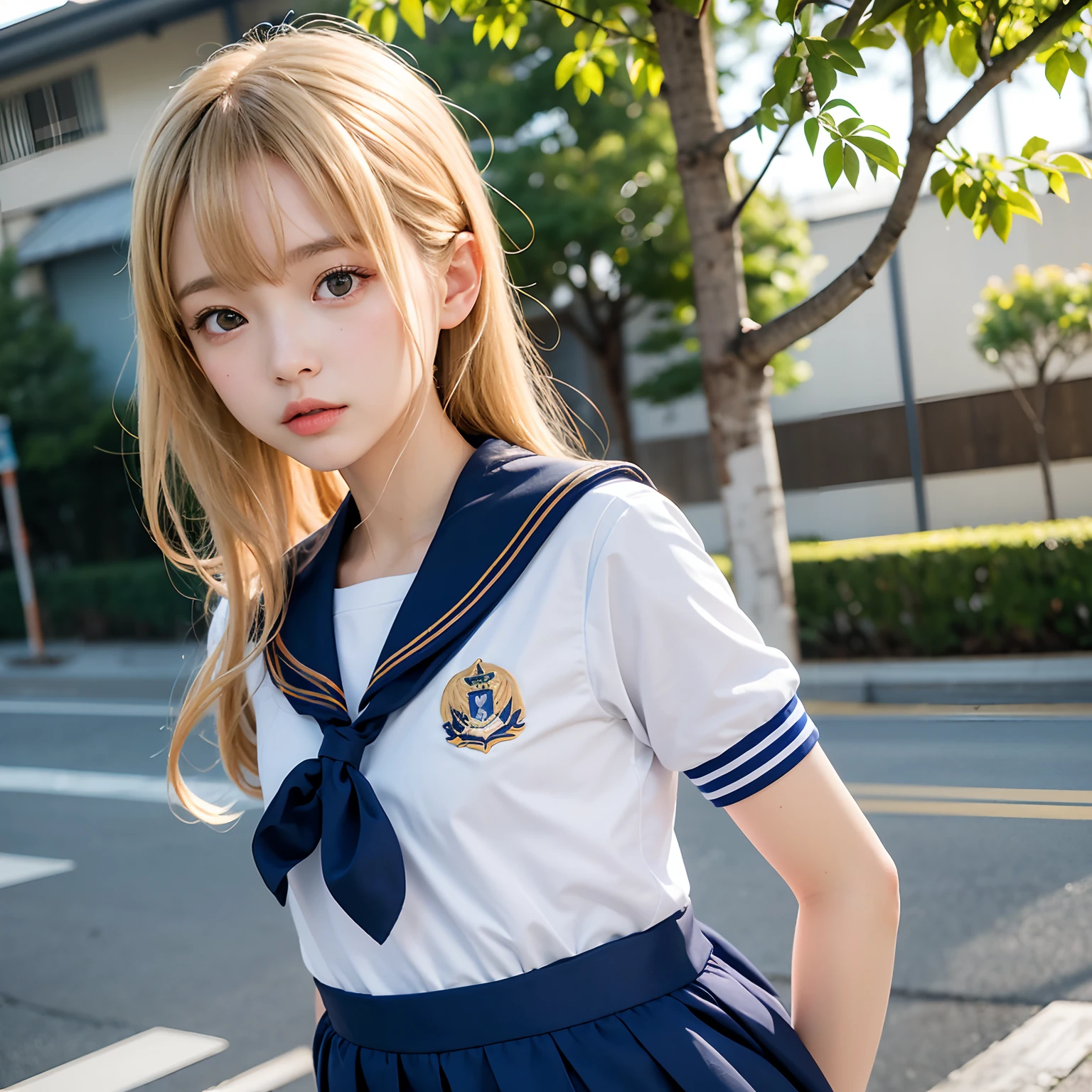 (masutepiece, Best Quality:1.2), 8K, Official art, Raw photo, Full Baudeville Four、cute butt、Back angle、On the way to take off the uniform、turned around、skinny、14years、small tits、unbelievable Ridiculous, (Upper body, 校服、a sailor suit:1.4), Beautiful Girl, Pretty Face, arching back down,、Gold hair ornament on hair、close up, Sailor Suit, Short sleeve, violaceaess, Teen, Street, Looking at Viewer, Film grain, chromatic abberation, Sharp Focus, face lights, Dynamic lighting, Cinematic lighting, Eyes and faces with detailed, Bokeh background,