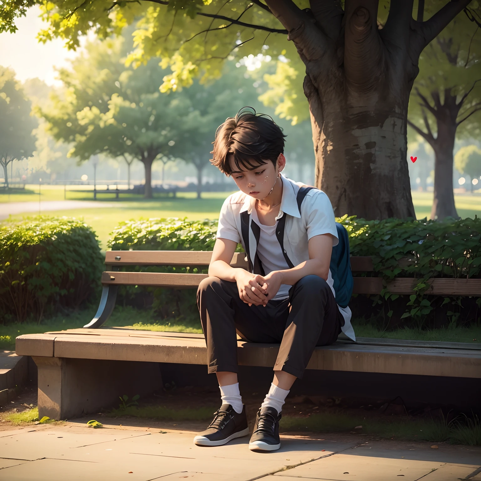 A heart broken boy sitting alone in park and there is no body in the park and he is crying.