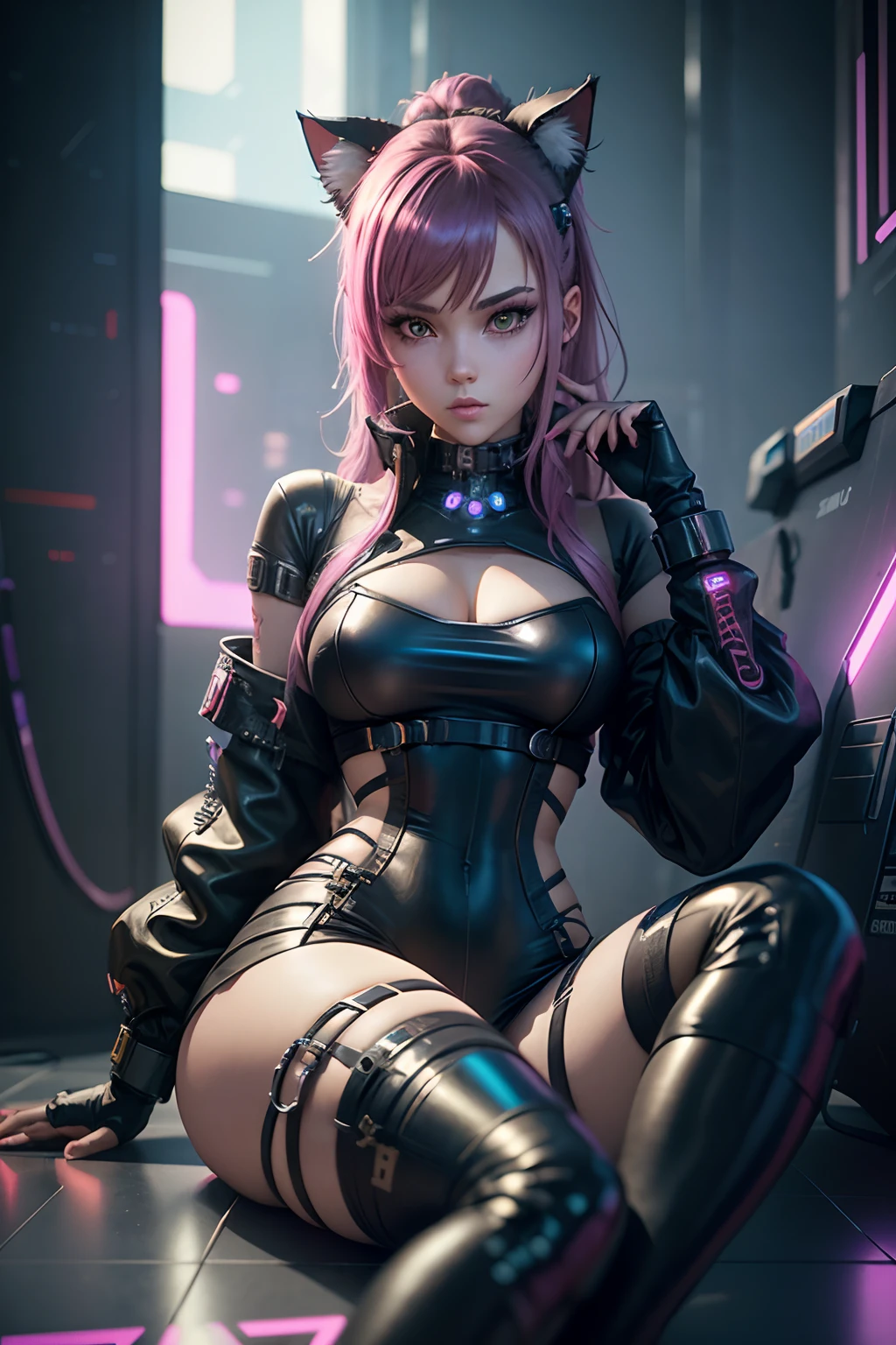 a close up of a woman in a cat outfit sitting on a floor, cyberpunk anime girl, dreamy cyberpunk girl, female cyberpunk anime girl, cyber school girl, digital cyberpunk - anime art, cyberpunk girl, cyberpunk 2 0 y. o model girl, cyberpunk vibe, cyberpunk vibes, in cyberpunk style, perfect android girl, cyberpunk with neon lighting, cyber style