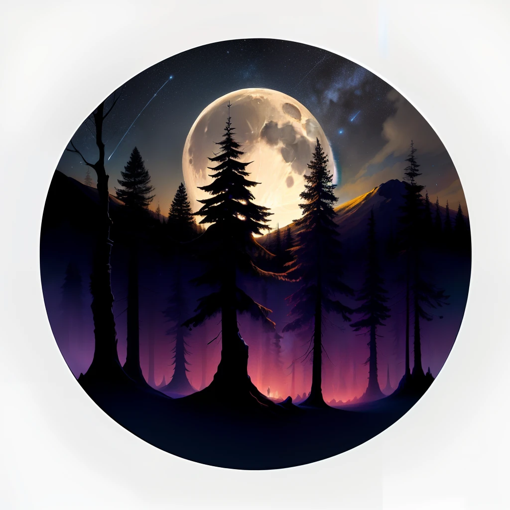 A silhouette print of a lush forest at night. The full moon shines in the starry sky, illuminating the tall trees, creating a contrast between the dark shadows and the details of leaves and branches. The stars form constellations around the moon, and an owl perched on one of the branches looks down with bright eyes. At the base of the print, the tree roots subtly blend into the shape of distant mountains.
