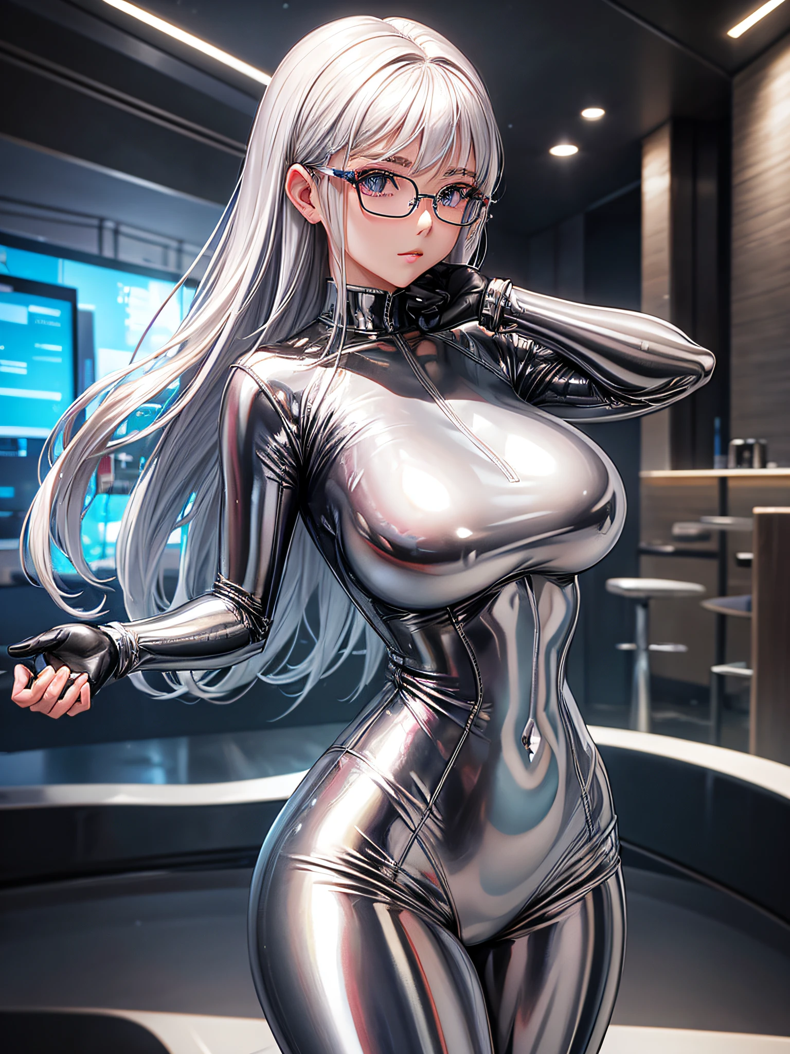 5 8K UHD、Silver-haired beauty in shiny full-body silver latex suit with glasses is looking back showing her buttocks、Beauty with shiny silver latex suit glasses with hidden skin、Upper body only