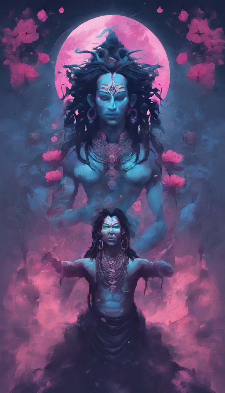 Blue skin,dreadlock hair,Mahakal , dark there ,Male Lord Shiva,slender,pink there,a moon,florals,natta,chii,