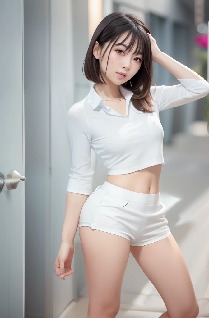 arafed asian woman in a white shirt and blue shorts posing for a picture, photo of slim girl model, pretty face with arms and legs, Young skinny gravure idol, Smooth white tight clothes suit, Realistic Young Gravure Idol, Photo of slim girl, Engaging pose, long thin legs, of a girl posing, Young Pretty Gravure Idol, Casual pose