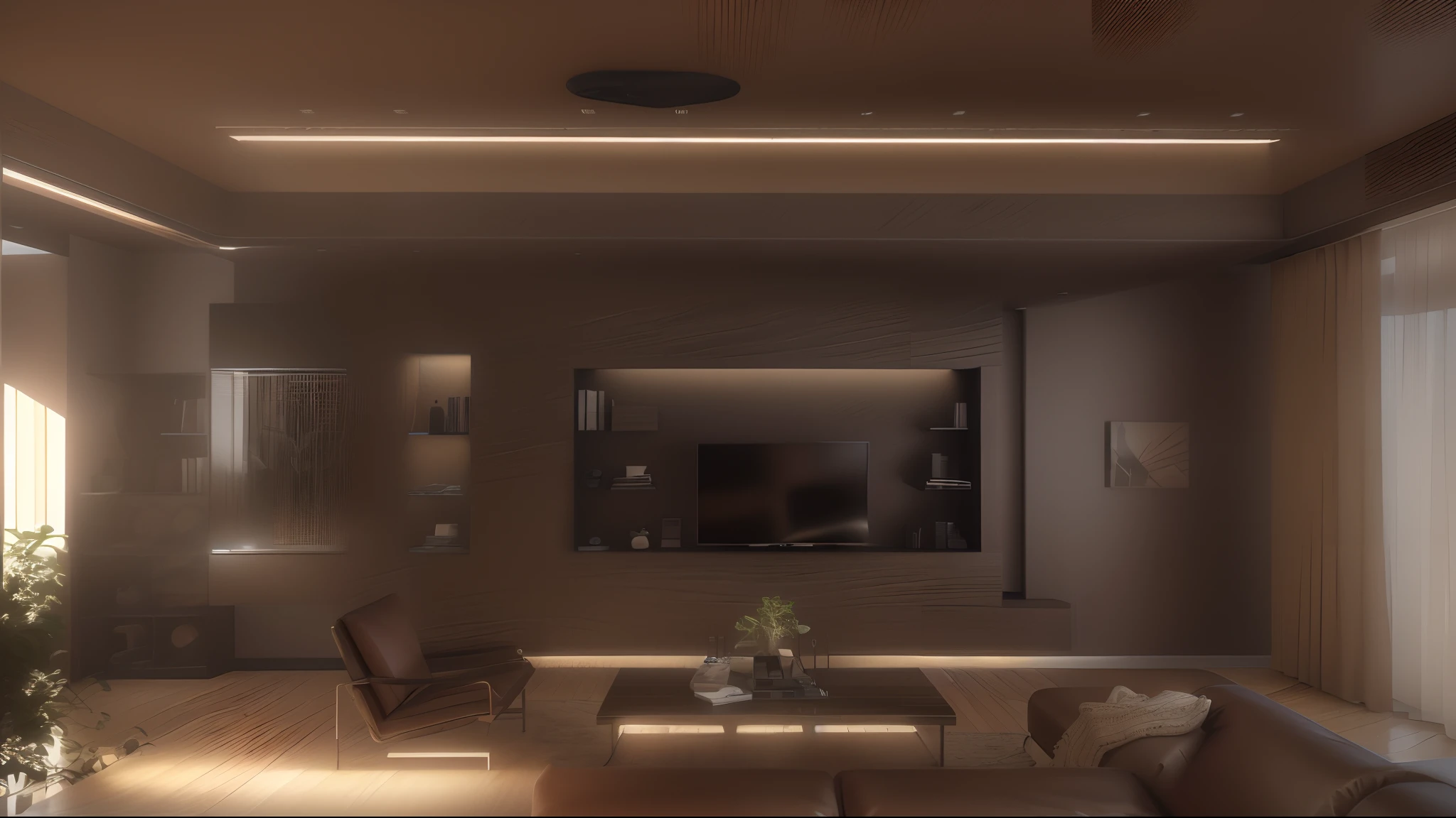 arafed living room with a couch, coffee table, and television, cinematic accent lighting, realistic 8k render, precise architectural rendering, hyperreal highly detailed 8 k, detailed realistic 8 k, highly detailed 8k, highly detailed 8 k, insanely detailed rendering, vray 8k render, 8k vray render, high detail 8 k render