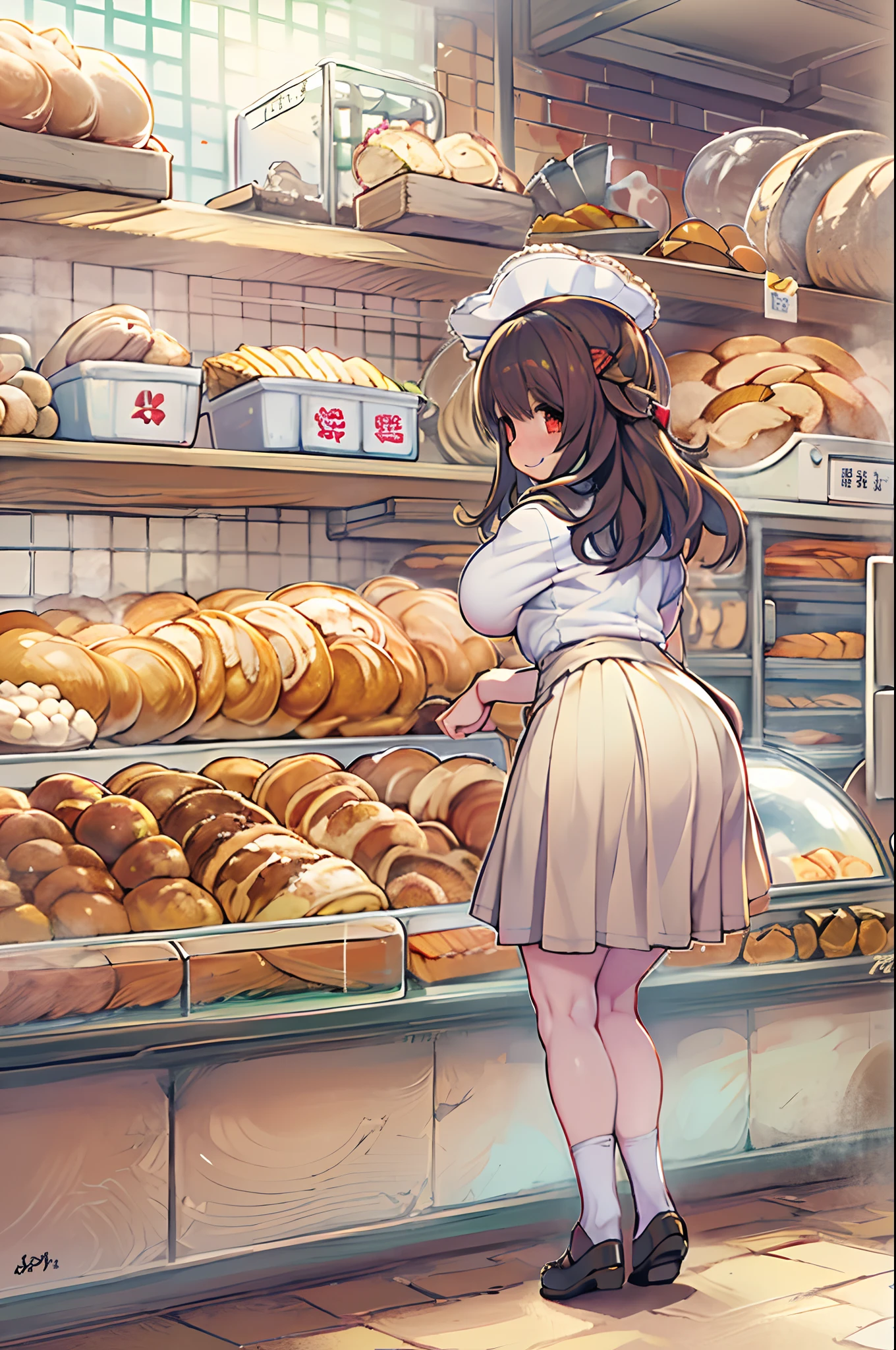 masutepiece、Anime style、1人、huge-breasted、kawaii、bbw、thick thight、big butts、Ultramammy,pleatedskirt、Bakery、Baker、Bread lining、A big smile、Chibi