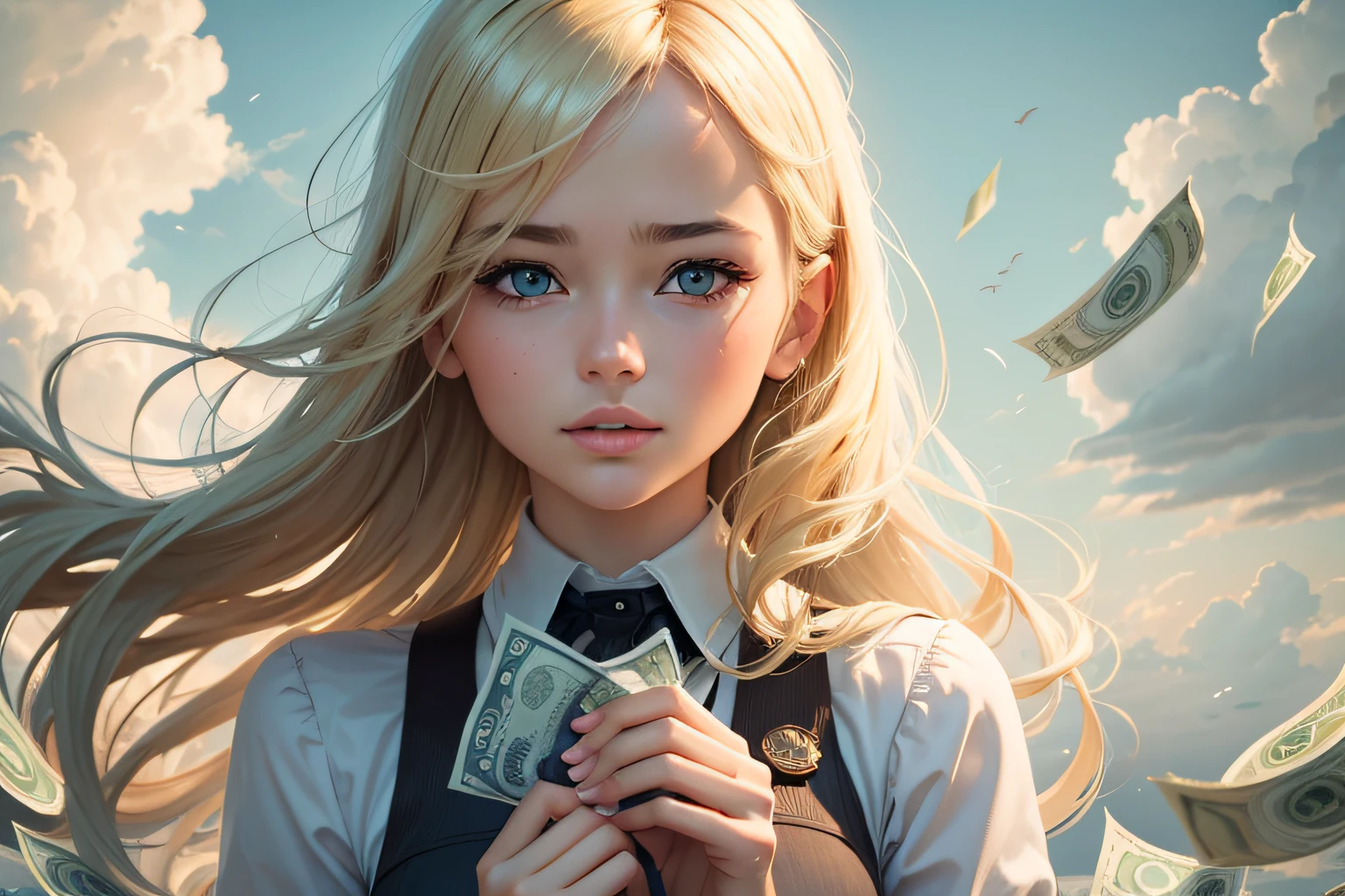 Only Money on Your Mind, Pretty blonde girl with money, Sky background with clouds, very extremely beautiful, higly detailed, Girl Holding Money, Money is falling from the sky, MoneyFall, Money around, Money Girl