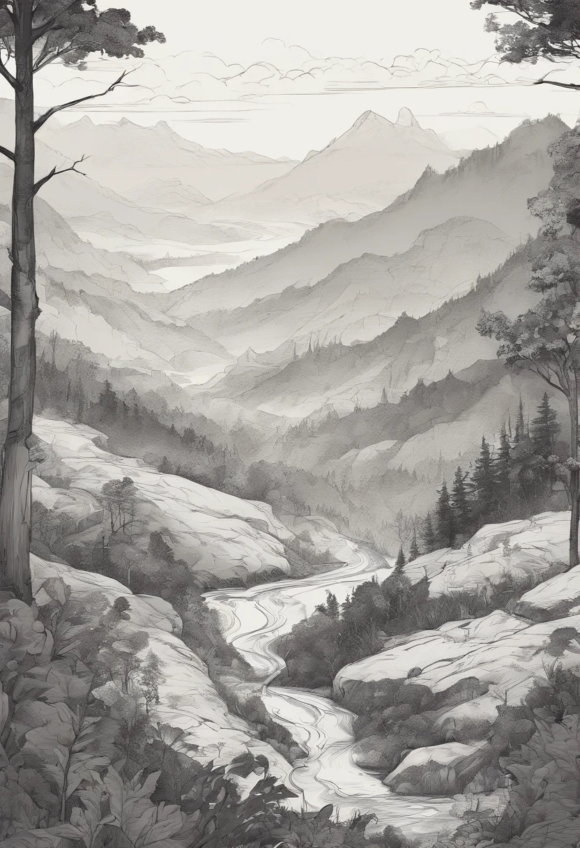 Landscape, hills, deciduous forests, line art illustration, ln the forest, Hand drawn illustrations, illustration, pattern designs, Fantasy Forest