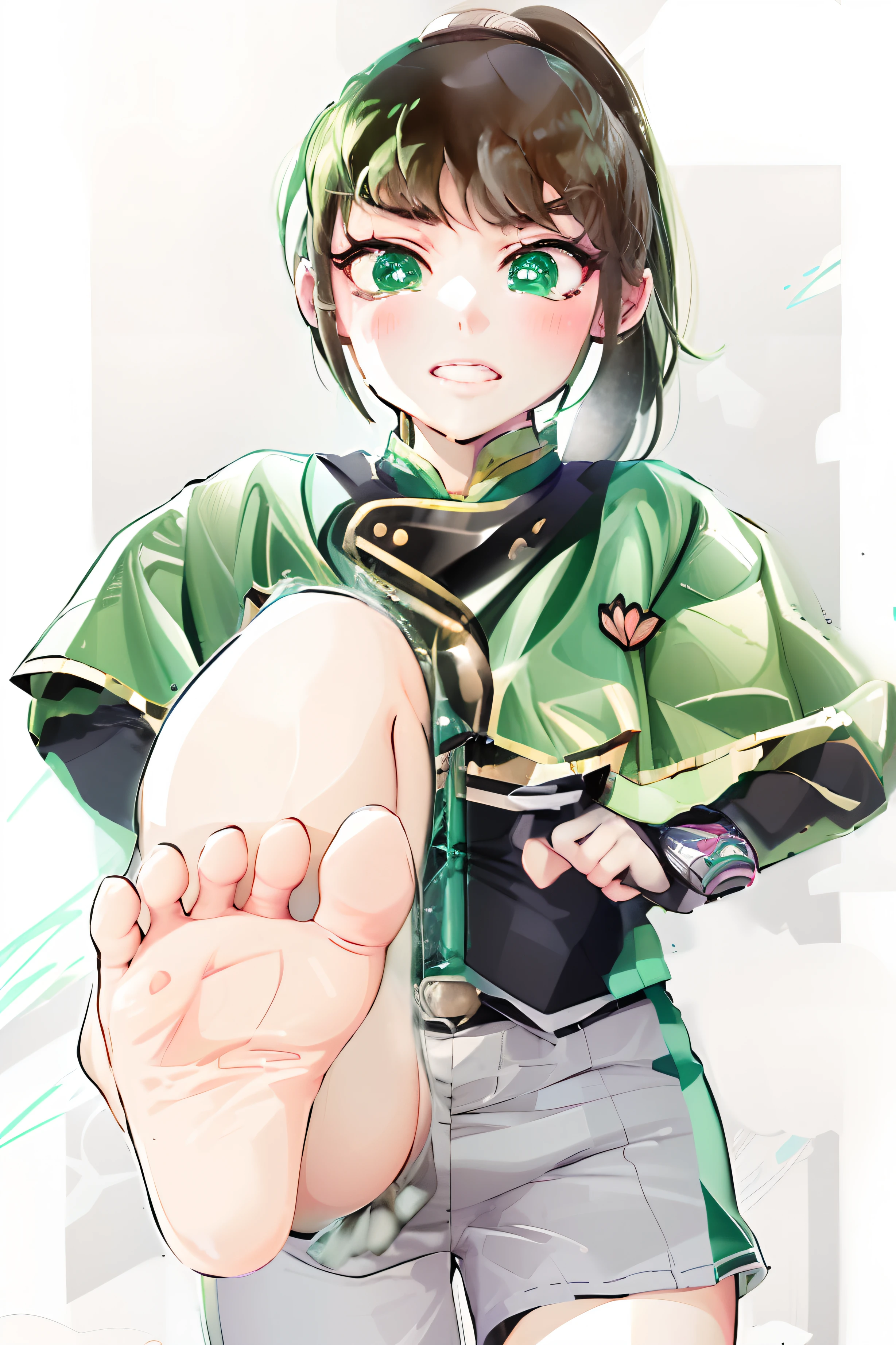 (masutepiece:1.1), (high resolusion:1.2), (Illustration:1.05), (ultra detailed 8k art:1.05), (finely detailed beautiful eye), Perfect face, Bright pupils, Lustrous skin, hayami_Sena ,Green eyes, , Black_Belt bag, Green_Capelet, Green_Jacket, white_Shorts,, Long sleeves, fullllbody, blushed, Looking at Viewer, sole, Barefoot soles、poneyTail、Smelly soles、5 toes、Sole Focus、Open your toes、bare-legged、perspiring