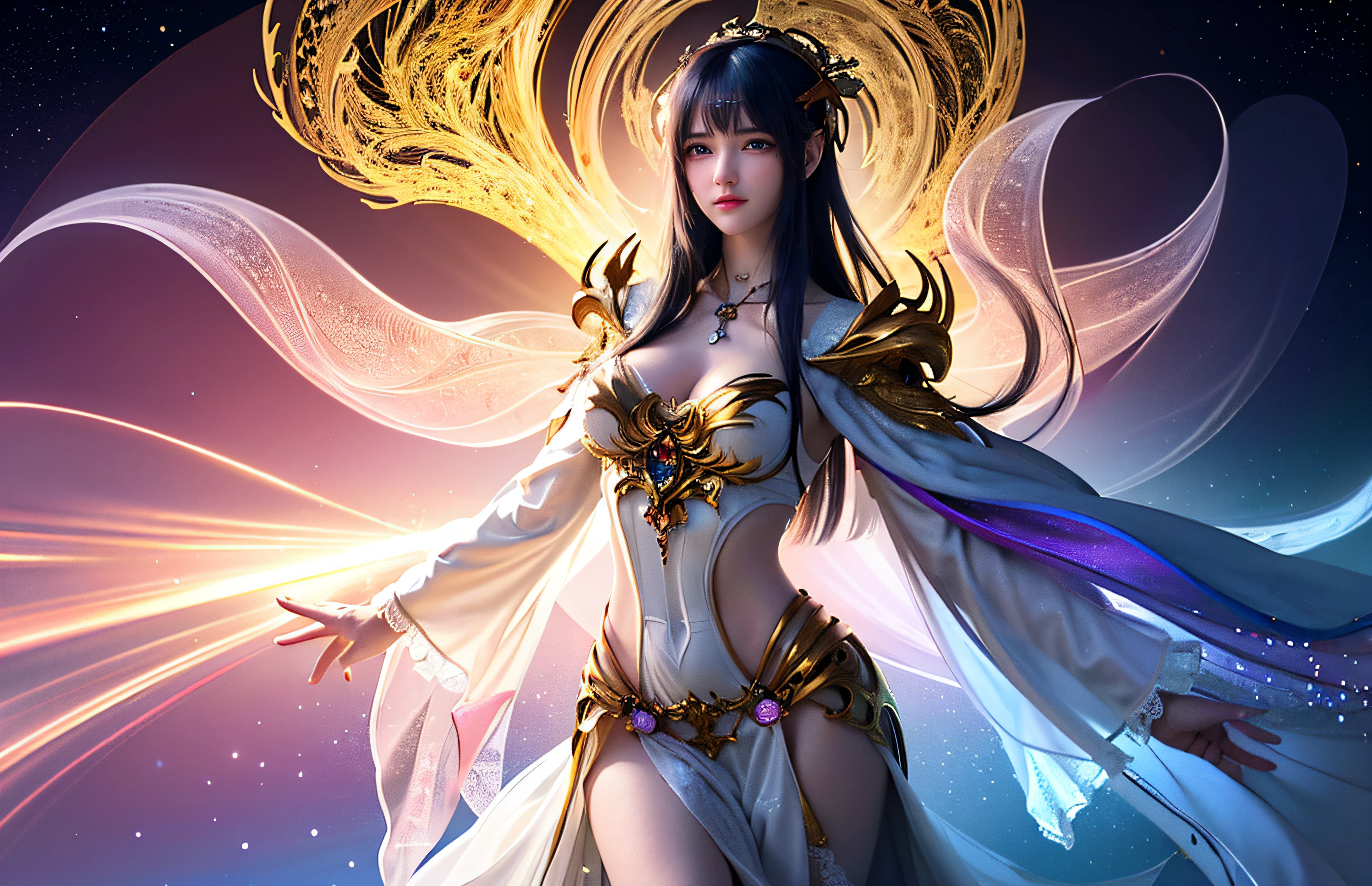 (masterpiece,  best quality,  ultra-detailed,  8K), High detailed, (perfect female body, slim waist), thicc hips,perfect face, (Blue eyes, iridiscent eyes), (blue/white hair, multicolored hair) very long hair, 
full body white dress, perfecteyes,
long bangs,   upper body,
(masterpiece, top quality, best quality, official art, beautiful and aesthetic:1.2), (1girl), extreme detailed, (fractal art:1.3), colorful, highest detailed, perfect face,HDR, (white cloak golden lines:1.2), galaxy, (light streaks), striking visuals, (dynamic streaks, luminous trails:1.2), vibrant colors,