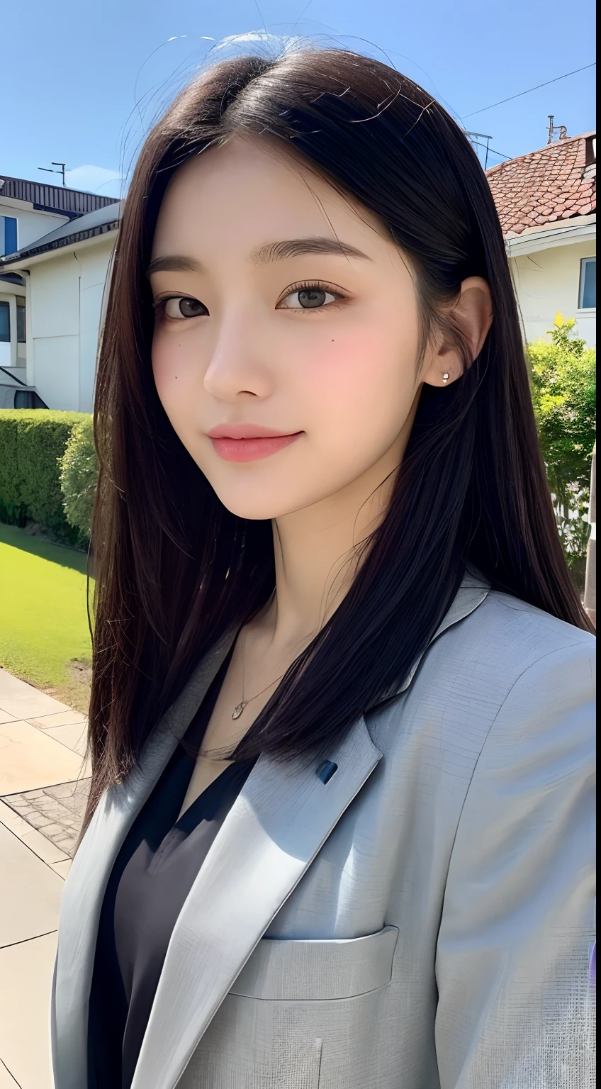 ((best qualtiy,8k,tmasterpiece:1.3)), 1girll, ssmile, full bodyesbian, Slim Faces, Beautiful woman, (black color hair), Babysitter's suit :1.1, Super detailed face, Detailed eyes, 二重まぶた, blur backgroun, Slim Faces, Residential houses