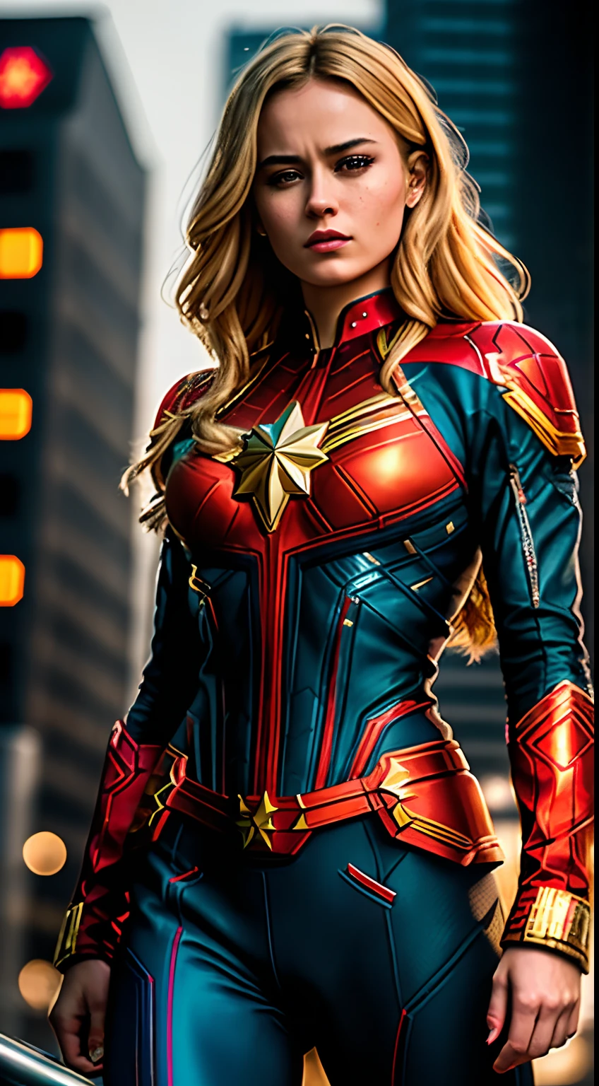 "Russian girl, Intricate Captain Marvel costume, Sexy physique, rosto jovem, cabelo longo rabo de cavalo, showing her strength and determination while striking Captain Marvel pose. Em uma cidade cyberpunk movimentada com sgins neon, Cyberpunk aesthetics, Ultra high definition and resolution, capture every detail of his intense expression and powerful posture. Photorealism brings your presence to life."