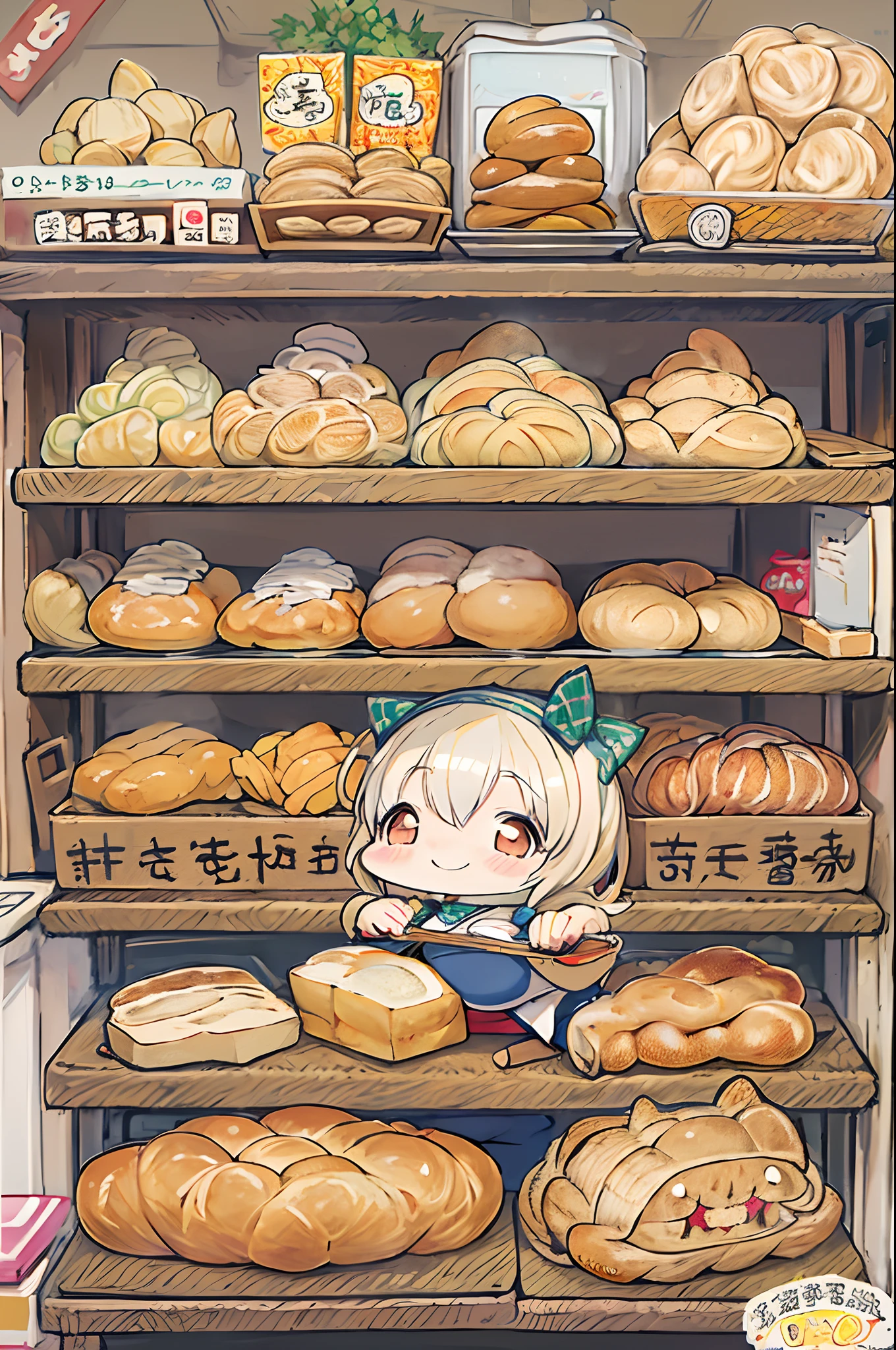 masutepiece、Anime style、女の子1人、huge-breasted、kawaii、bbw、thick thight、big butts、Ultramammy,pleatedskirt、Bakery、Baker、Bread lining、A big smile、Chibi