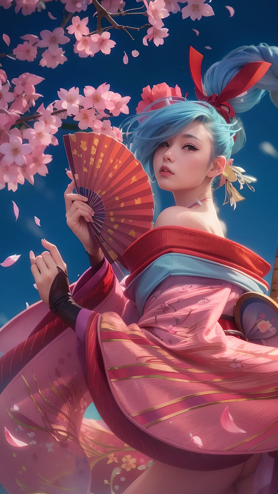 Japanese girl, blue hair , pink kimono, sakura petals