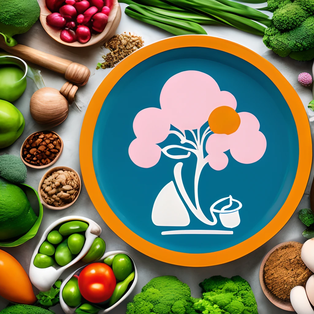 the composition is on the theme of a healthy lifestyle and nutrition, the colors blue, orange, pink, white and green are used, the image has a female theme, carries the meanings of a careful attitude to health and environmental friendliness