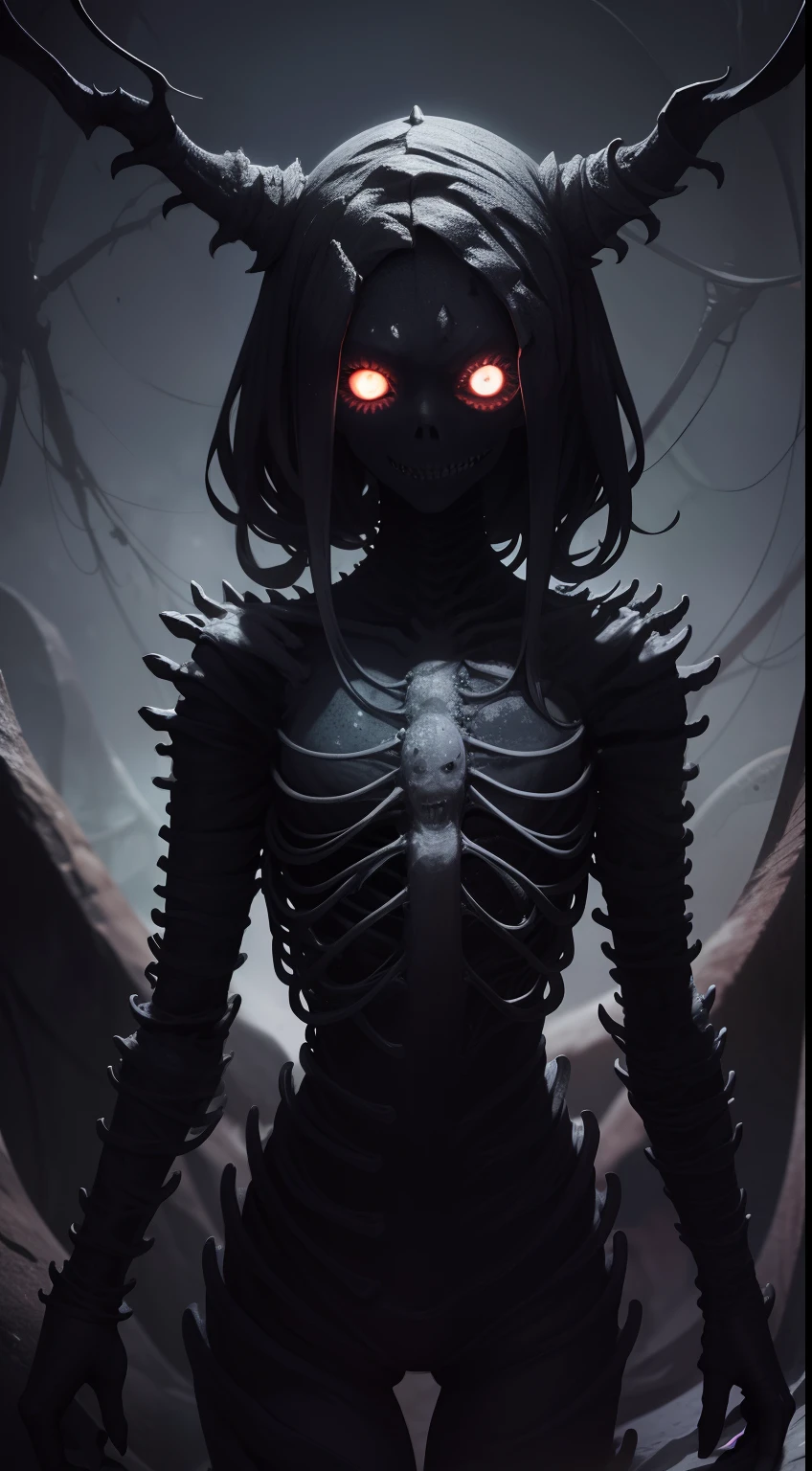 A nightmarish humanoid monster with a face and body that trigger tryphophobia, covered in barnacles, emanating an eldritch horror. It has writhing spikes, skeletal details, skinny and devoid of skin.