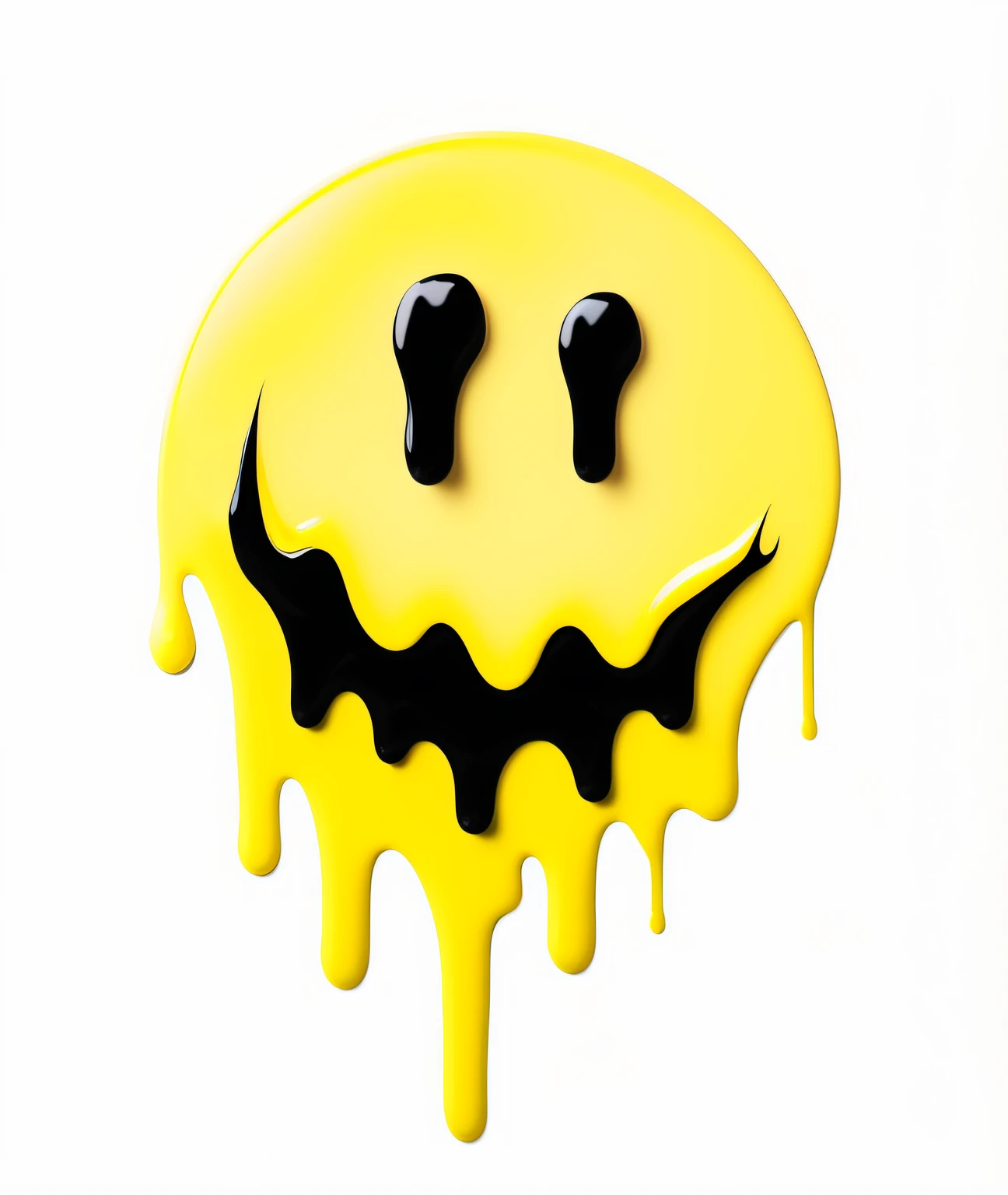 Yellow smiley dripping black paint on white background, melting face, toxic drips, dripping wax, dripping goo, melting paint drips, melting and dripping. eerie, Paint dripping wax, drippy, paint drips, Poison drips, oil dripping, melting paint, Slimy, cream dripping on face, character is covered in liquid, creepy evil smile