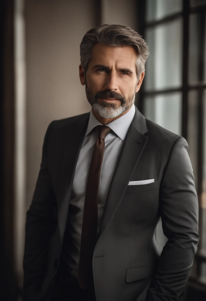 realistic image of middle-aged business professional, 100 ponds of weight, professionally dressed in a suit and tie, high-quality, highest resolution, standing position, hands down, professional, beautiful detailed slightly brownish eyes , beautiful detailed lips, short beard, graying short hair, kind expression, warm smile, distinguished look, proper lighting, plain background, clean image with no blurry effect, ultra-detailed texture,masterpiece:1.2