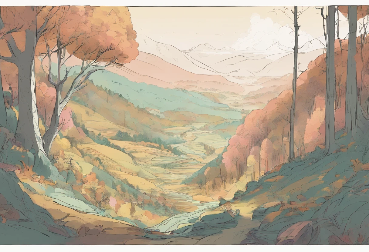 Landscape, hills, deciduous forests, line art illustration, ln the forest, Hand drawn illustrations, illustration, pattern designs, Fantasy Forest. pale colors, soft colors,