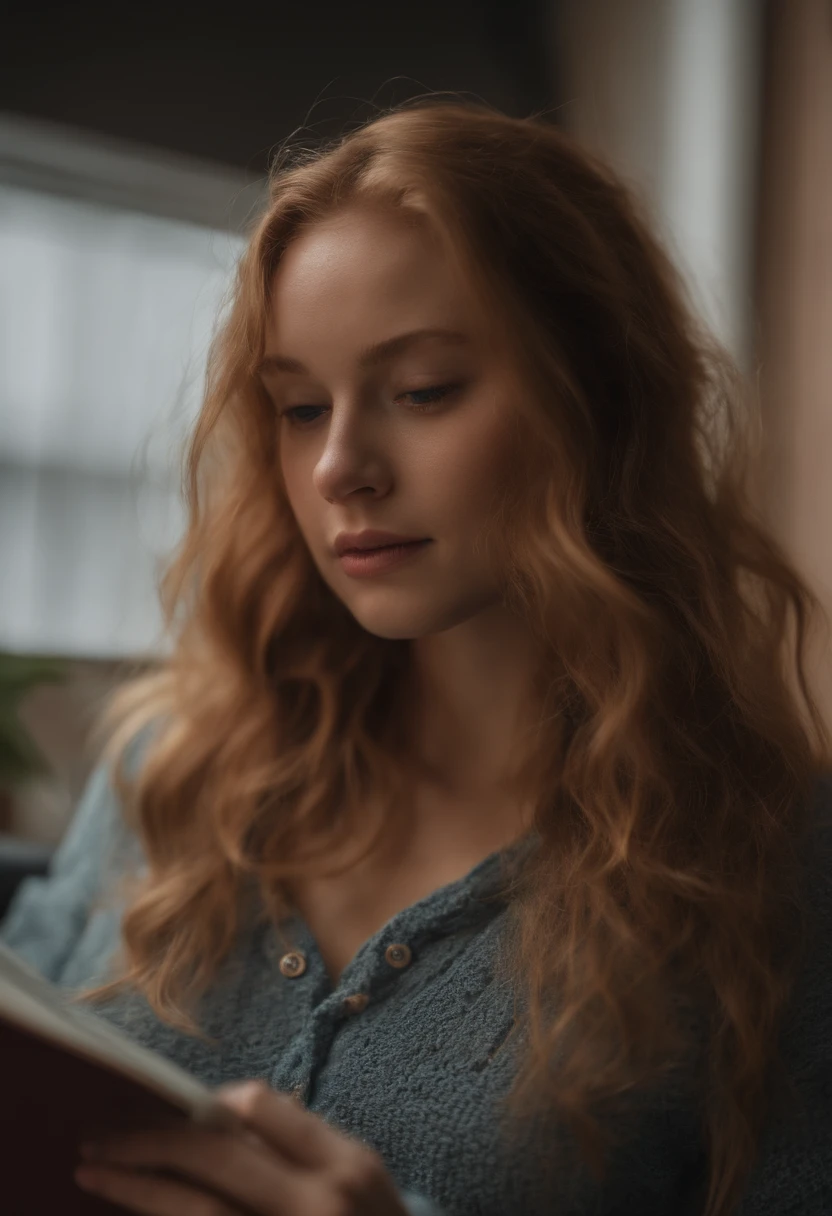 portrait:1.33, Stunning ginger girl named Alessia Stanga, 17 years old, messy hair (((blue eyes))), stolen shot, sudden shot, (((distracted, reading a book, (((looking at the book))), lying down))), she wears a christmas sweater, hyper realistic photo, super detailed, chillvibes, lazy vibe, natural look, skin imperfections, f1.4, ISO100, cinematic lights, hyper realistic lights, film grain:1.33, skin imperfections, Hasselblad 500C/M Nikon FM2 instagram pic, #picoftheday