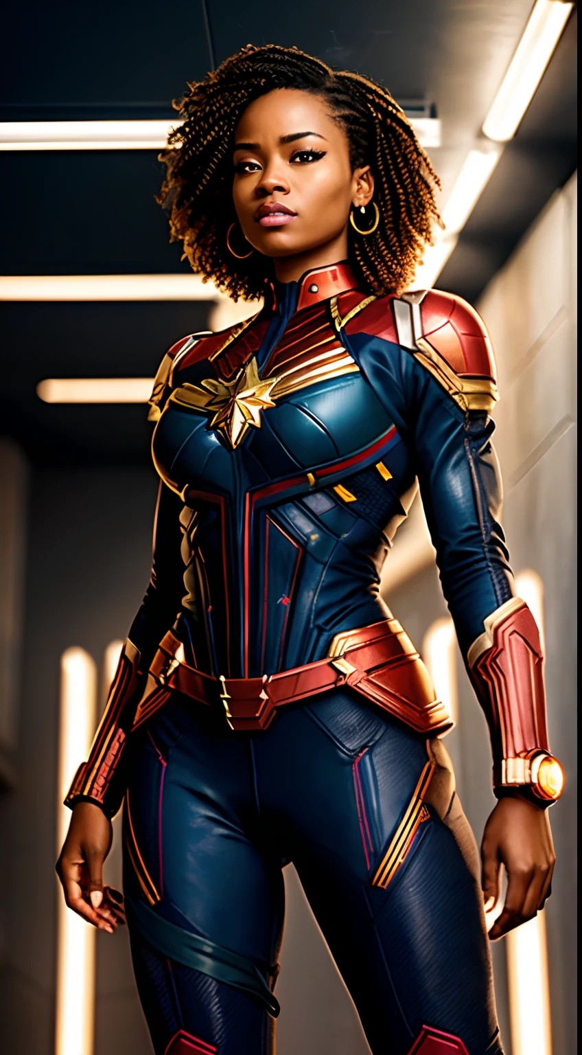 "Afrikan girl, Intricate Captain Marvel costume, Sexy physique, rosto jovem, cabelo longo rabo de cavalo, showing her strength and determination while striking Captain Marvel pose. Em uma cidade cyberpunk movimentada com sgins neon, Cyberpunk aesthetics, Ultra high definition and resolution, capture every detail of his intense expression and powerful posture. Photorealism brings your presence to life."