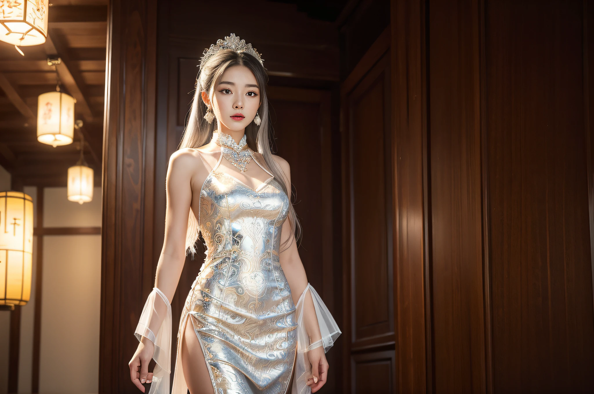 BestWorks,Ultra-high quality work,4K:2.0,Ultra HD,8K HD CG production,High-quality graphics,3D HD CG photos,Ultra-high pixel,Super refined:1.1,technical detail:1.1,Interior lighting effects:1.1,Natural dimming,Light effect,Ultra-high resolution large files,Photos of antique costumes of the Tang Dynasty,Delicate and sexy woman,A mature and sexy woman,Royal sister temperament,European and American feminine characteristics,Mixed-race beauty,Temperamental type goddess,Long silver-white hair,A head of silvery-white hair,Clear strands of hair,Careful hair texture(Premium hair details:1.1)Beautiful and delicate eyebrows and eyelashes,largeeyes,Light red eyes,Sexy red lips,Perfect lip shape,clear skin texture,wetted skin(Advanced facial details:1.1)The face of the flawless goddess,Perfect body shape,Top supermodel,Devilish figure,Cocked buttocks,Small man's waist,Long legs,(Advanced skin details:1.1)Glossy,Intricate damask Hanfu,White-gold Hanfu, ((glowing dress:1.5)),Chinese Hanfu,Chinese martial arts style,Taoist uniform,Silk scarf,Tang Dynasty Hanfu(Premium lace detailing:1.1)Bright red,high-heels,stocklings,Wear jewelry,耳Nipple Ring,choker necklace,Bracelet,At the dinner party,fully body photo,Costume art photos,High quality work