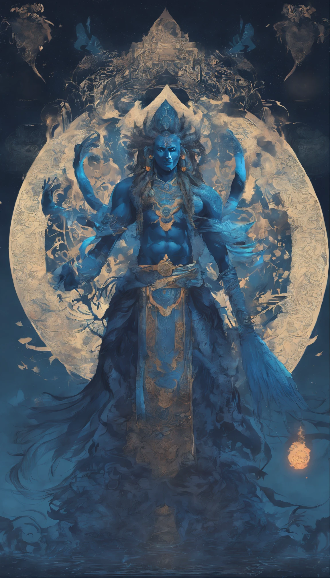 Blue skin，dreadlock hair，ram , Male Lord rama，slender，dark there，a moon，dark florals，natta，chii，