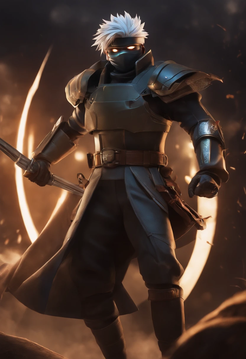 （tmasterpiece，best qualtiy：1.3），extremly high detail，复杂，8k，HDR，cinmatic lighting，（kosmos），（clutching a sword：1.3），with light glowing，armour，glowing light eyes，mechs，Kakashi，Raiche，Writing wheel eyes。