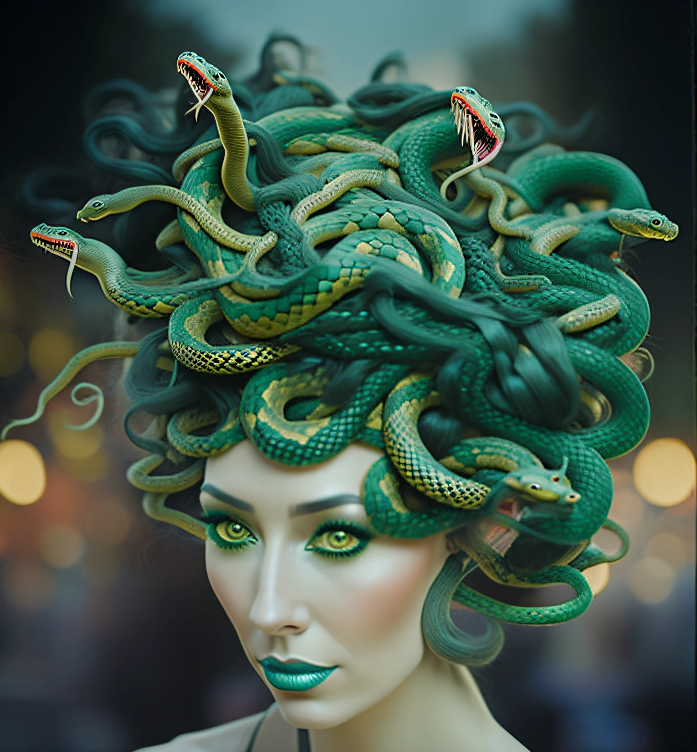 a close up of a woman with a snake head on her head, her many snakes as hair, with snakes for hair, Snake hair, snake woman hybrid, fierce medusa, portrait of medusa, medusa portrait painting, Snake in hair, Medusa, Snake woman, medusa head, Wax Medusa, queen of snakes, snake-face lady, Snake hair