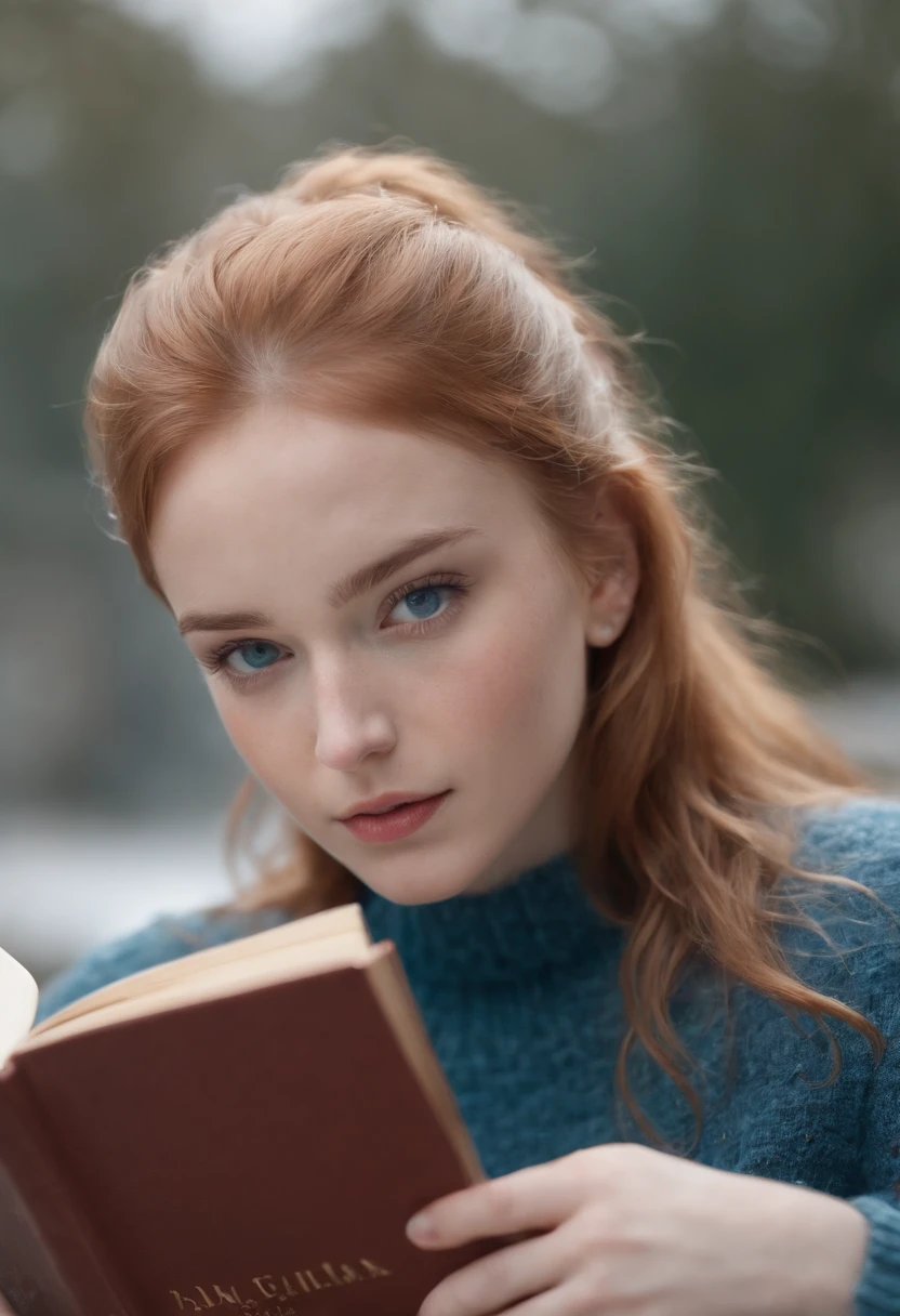 portrait:1.33, Stunning ginger girl named Alessia Stanga, 17 years old, , ponytail, messy hair (((blue eyes))), stolen shot, sudden shot, (((distracted, reading a book, (((looking at the book))), lying down))), she wears a christmas sweater, hyper realistic photo, super detailed, chillvibes, lazy vibe, natural look, skin imperfections, f1.4, ISO100, cinematic lights, hyper realistic lights, film grain:1.33, skin imperfections, Hasselblad 500C/M Nikon FM2 instagram pic, #picoftheday