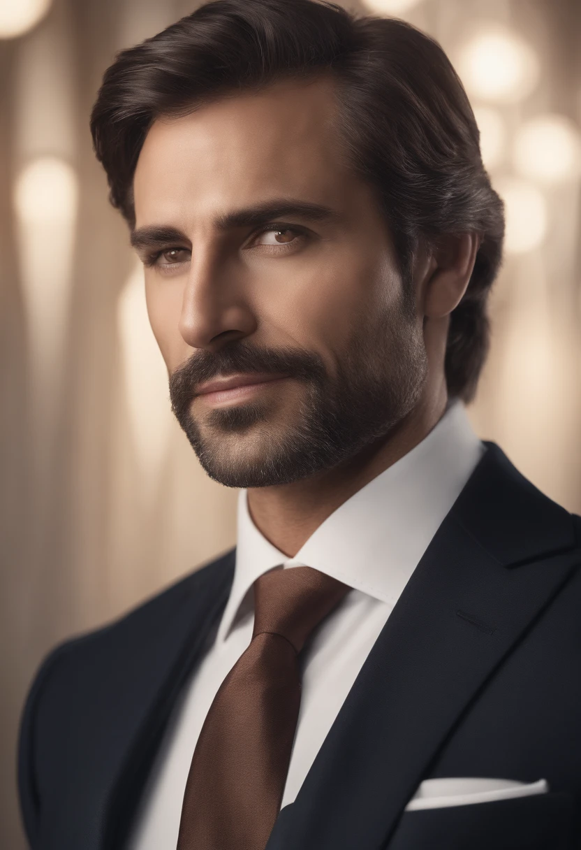 realistic image of middle-aged business professional, 100 ponds of weight, professionally dressed in a suit and tie, high-quality, highest resolution, standing position, hands down, professional, beautiful detailed slightly brownish eyes , beautiful detailed lips, short beard, graying short hair, kind expression, warm smile, distinguished look, proper lighting, plain background, clean image with no blurry effect, ultra-detailed texture,masterpiece:1.2