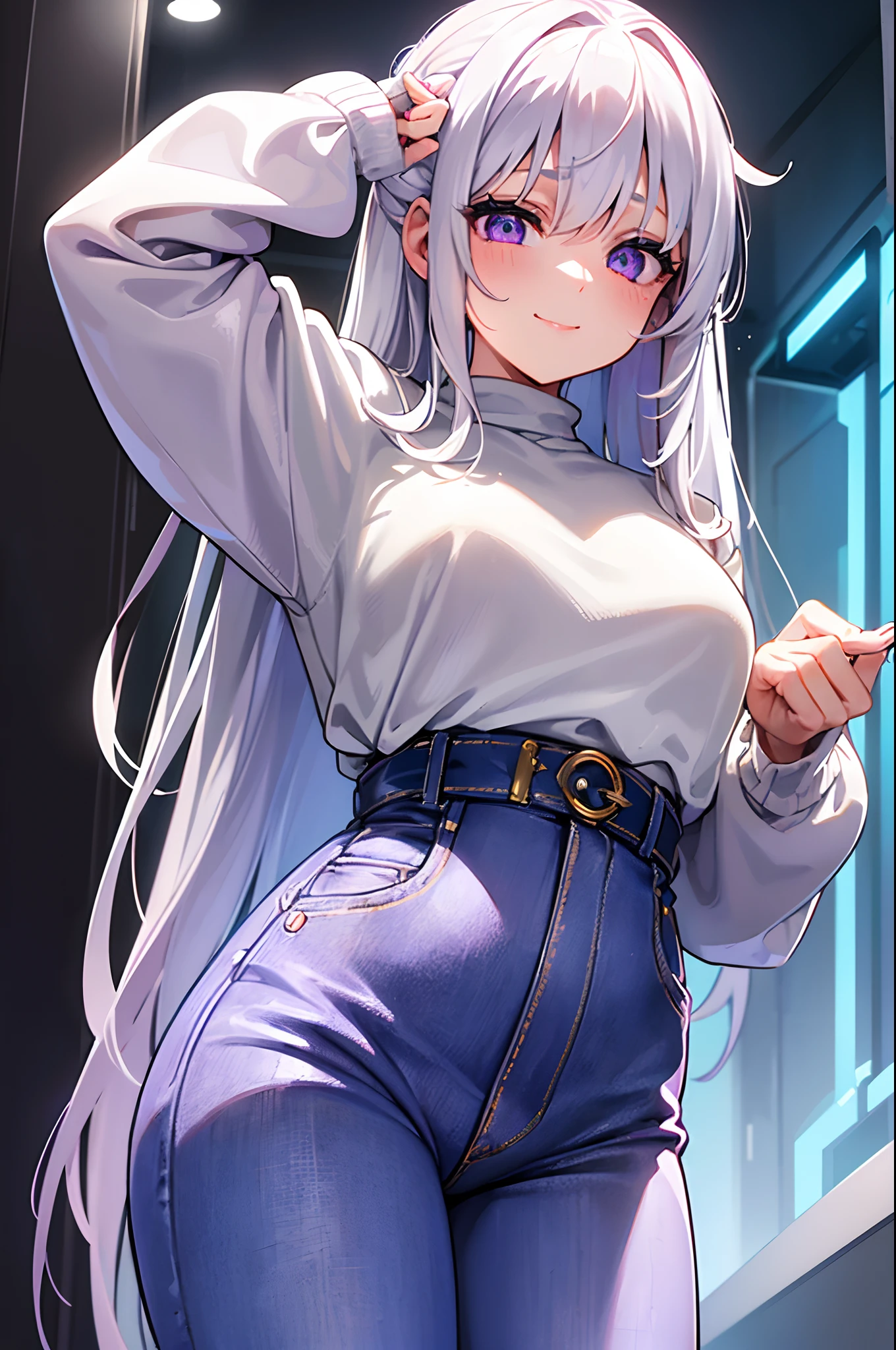 ((​masterpiece)(1girl)、white  hair、Blue glowing eyes、Down Style、Sweaters、high-waisted jeans、A slight smil
