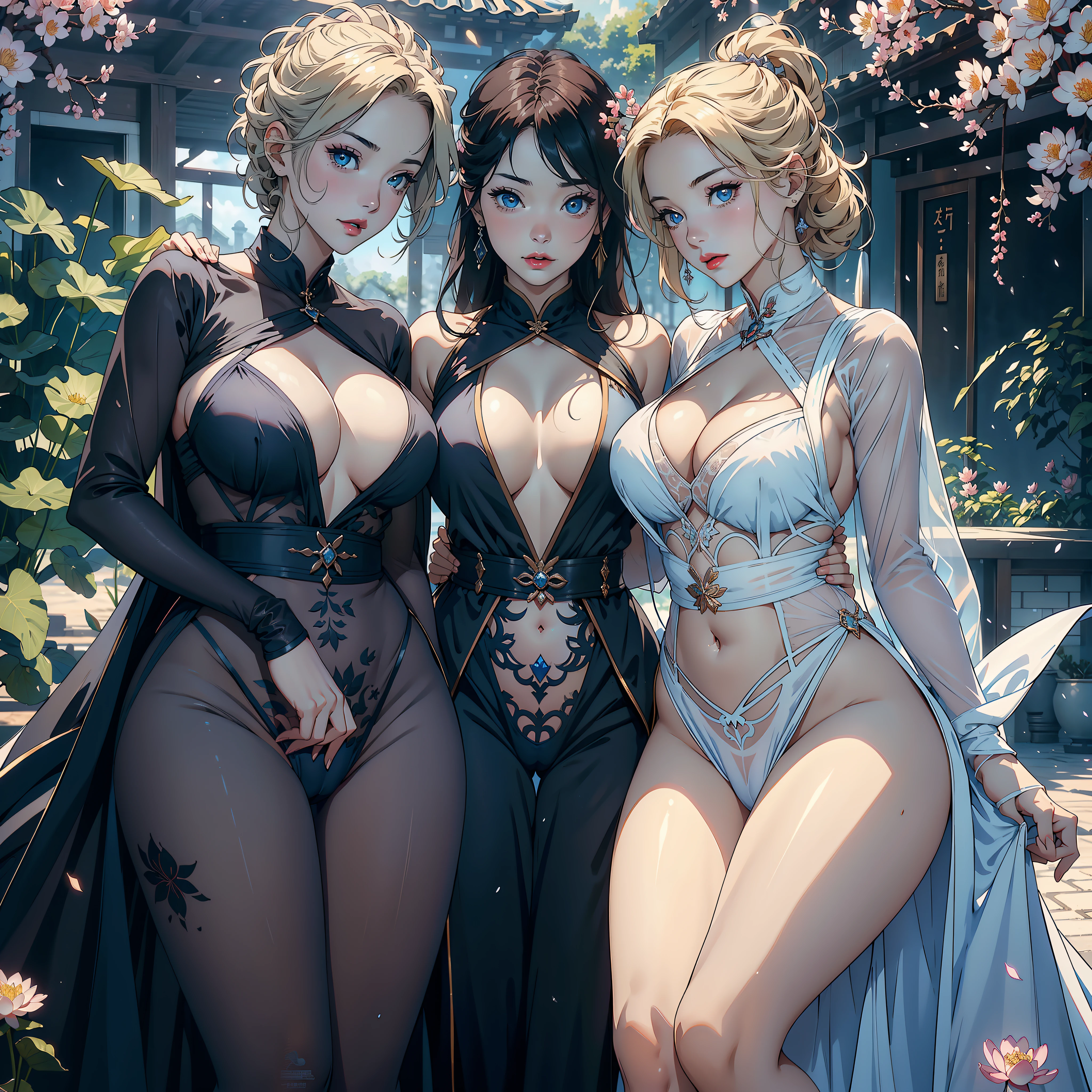 3 females，Stand in a row，Beauty contests，sexyposture，Married Woman，A MILF，熟妇，mature，extremely large bosom，plumw（Background with：Mare，Cherry blossom forest，lotus flower）Lie underwater， She has short blonde hair，cabelos preto e longos，bobo head，seen from the front，mostly cloudy sky，（（（tmasterpiece），（Very detailed CG unity 8K wallpaper），best qualtiy，cinmatic lighting，detailed back ground，beatiful detailed eyes，Bright pupils，Blue eyes，Snow-whiteskin，Redlip（Very fine and beautiful），（Beautiful and detailed eye description），ultra - detailed，tmasterpiece，））facing at camera，A high resolution，ultra - detailed），revealing breasts，Bare genitalia，  Bulge，legs are open，Raised sexy，Camel toes，Desire for dissatisfaction，frontage，（Wearing ： White transparent apron）