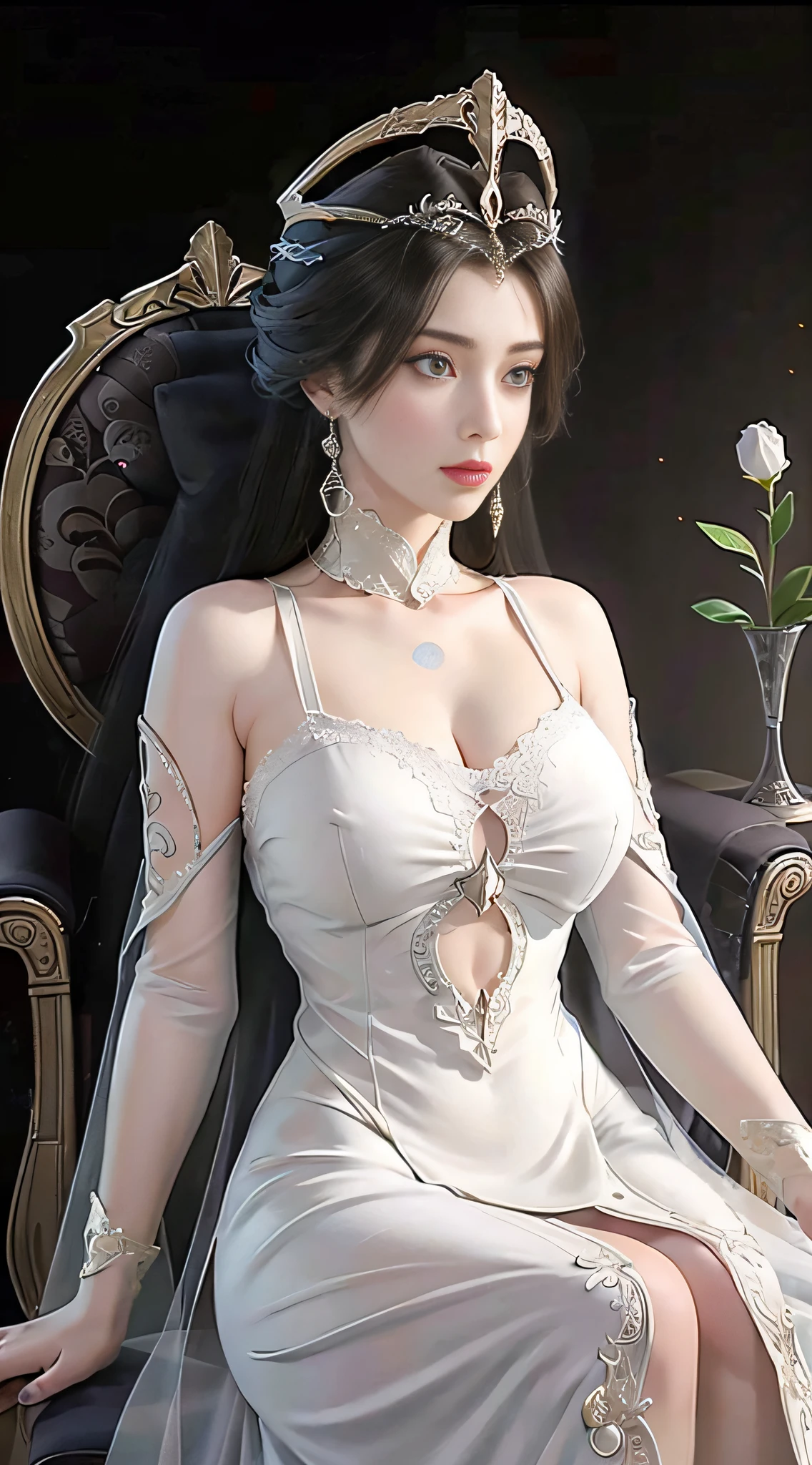 tmasterpiece,Best picture quality,HD 8K wallpaper,Beautiful picture,Elegant single woman,Round dress,Shiny eyes,Detail at its best,An exquisite masterpiece,Pure beauty and lightness,Moderately aesthetic,Gentle and elegant,Attention to detail,Reddish brown lace round dress,Immortal,huge tit,sitted,Full body capture,