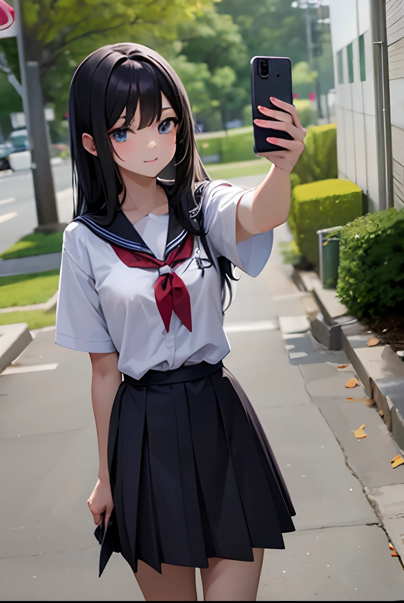 Masterpiece, 2d, anime, black hair, longhair, selfie, school uniform, selfie, standing, outdoor