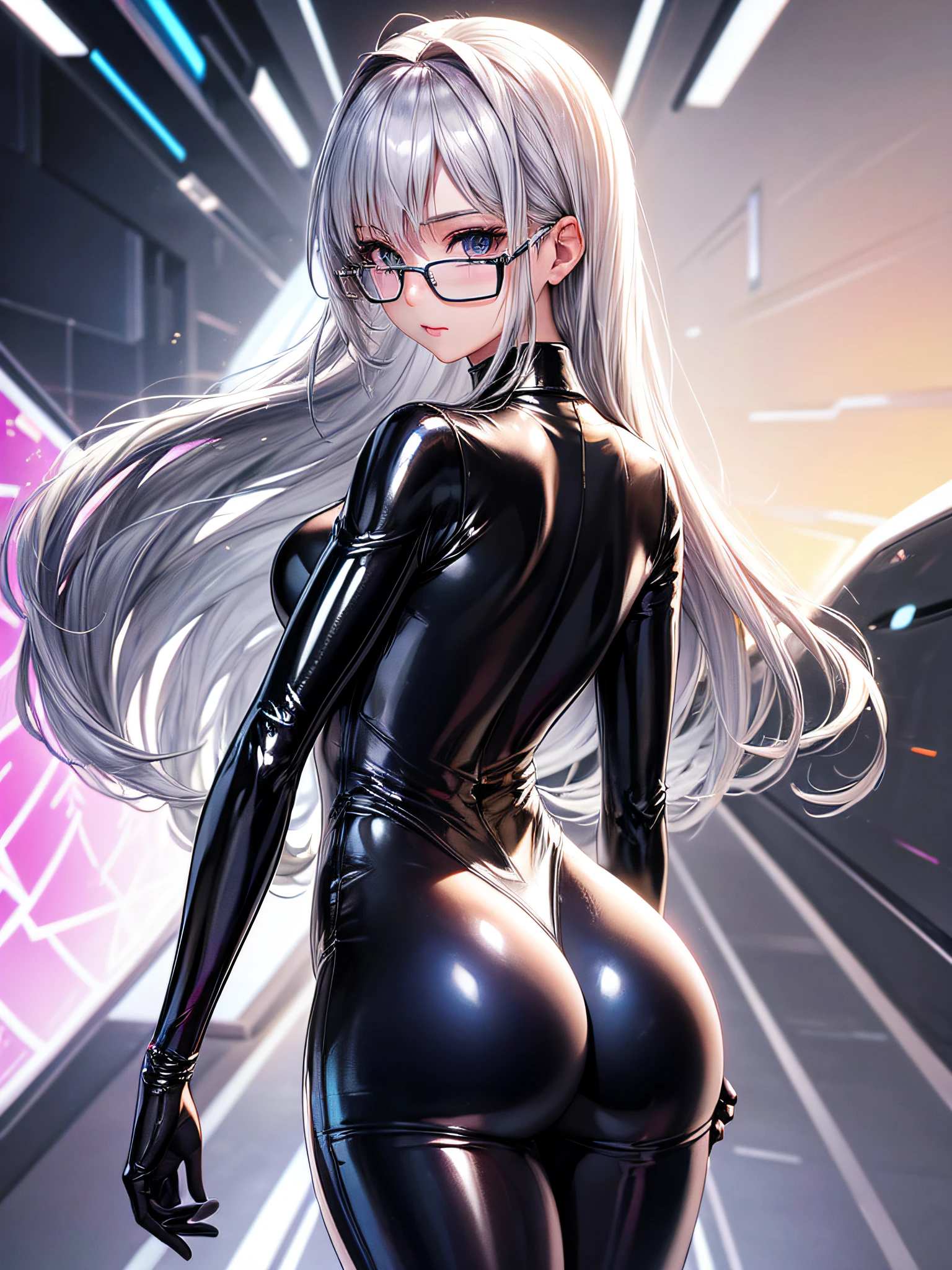 5 8K UHD、Silver-haired beauty in a shiny full-body silver suit with glasses is looking back showing her buttocks、Beauty with shiny silver latex suit glasses with hidden skin、Upper body only