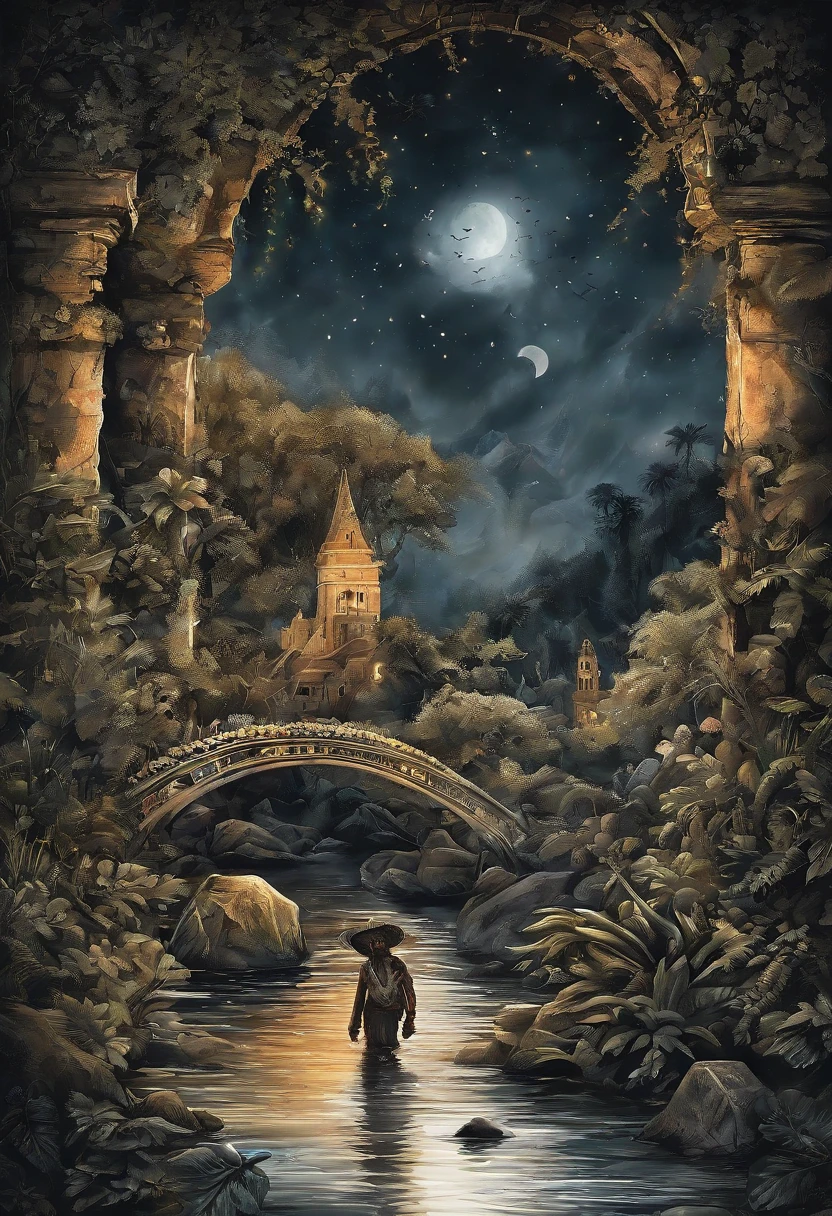 （（best qualtiy））， （（tmasterpiece））， （A detailed：1.4），Enhanced dynamic perspective，jungles，nighttime scene，starrysky，（darkly：1.4），（（Baby adventurer standing in front of supergiant butterfly，Butterflies spread their huge wings，shimmering under the moonlight，A starry stream flowed before him）），Crocodiles float on the water，（Adventurer backpack），（weeds），florals，（（（adventurer clothing））），Glow effects，super-fine，Works of masters，high qulity，8K分辨率，depth of fields，电影灯光，Epic shooting，high qulity，super-fine，Detailed pubic hair，Accurate，Cinematic lighting