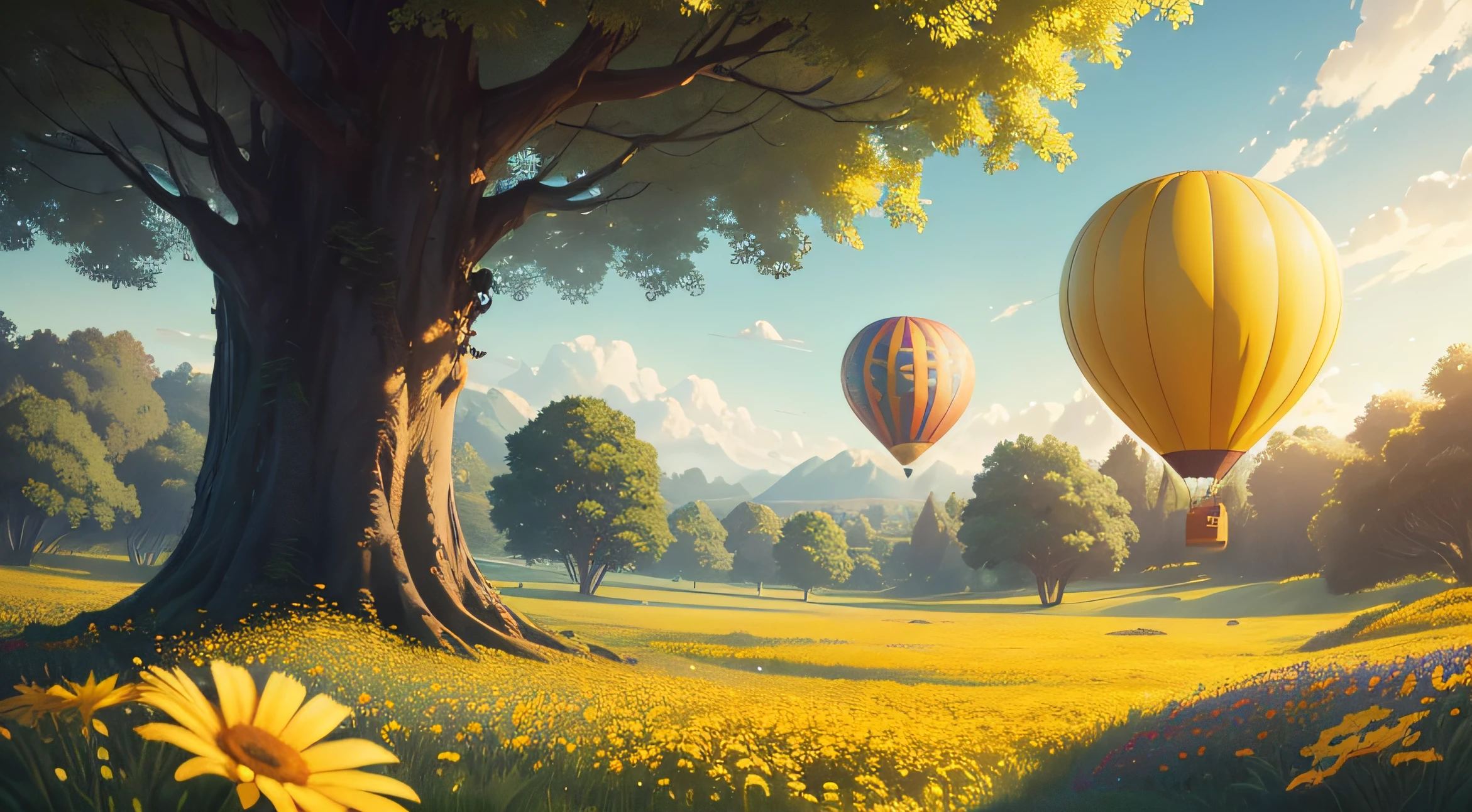 view of a yellow air balloon in a verdant forest, pixar style, high quality, amazing sunray, pretty flowers around, orange flowers around