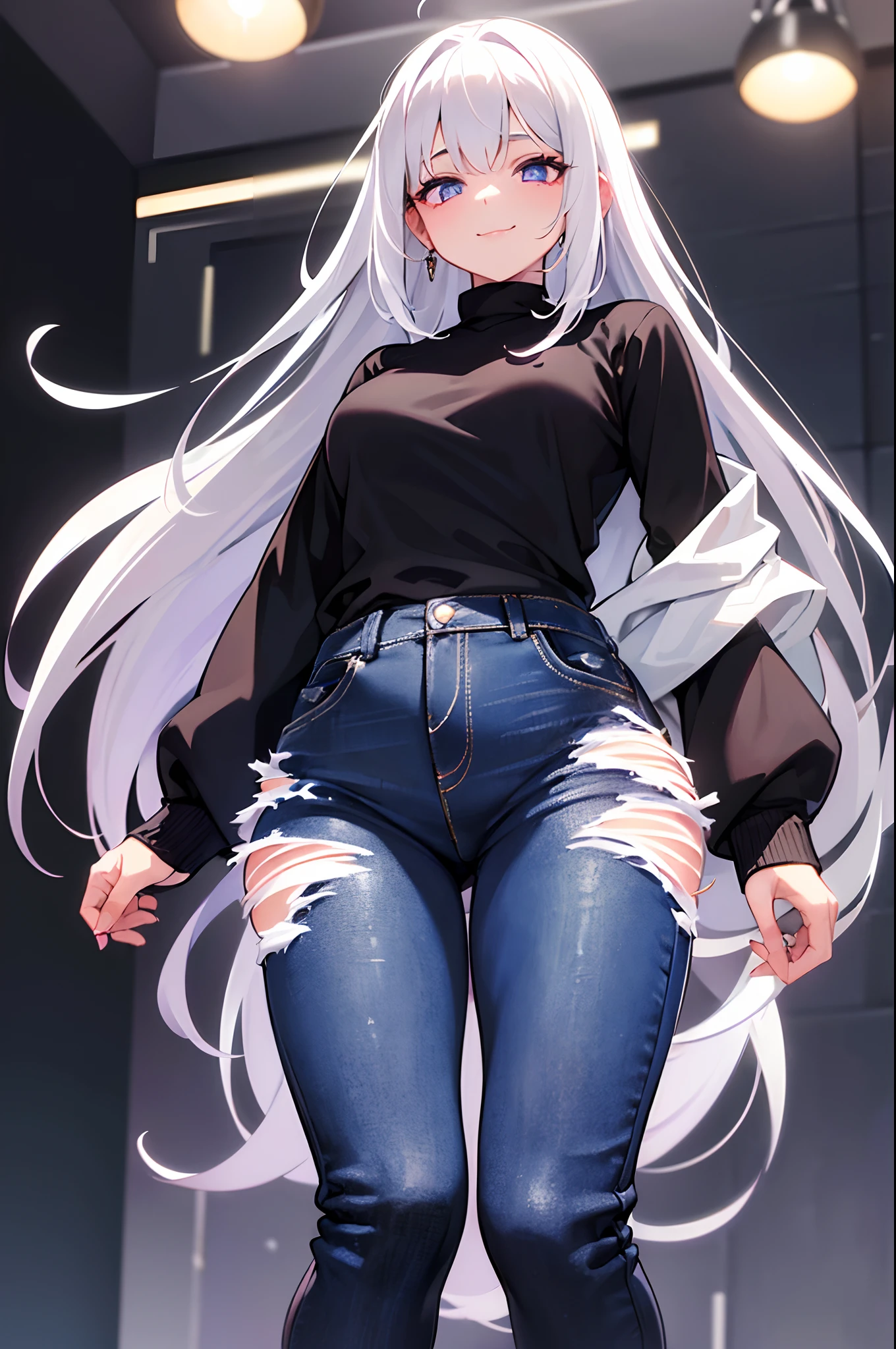 ((​masterpiece)(1girl)、white  hair、Light purple glowing eyes、Down Style、Black sweater、high-waisted jeans、A slight smil