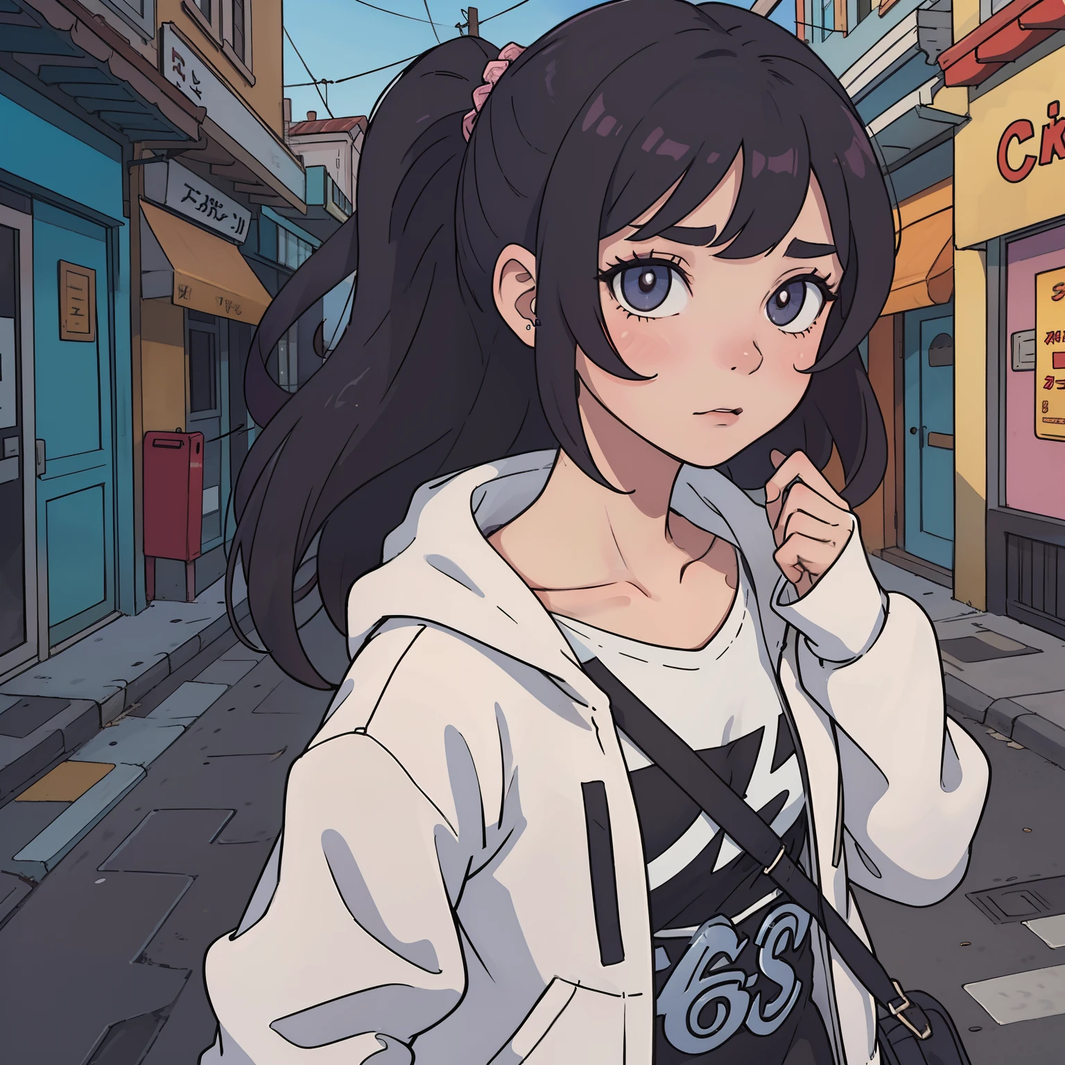 (La mejor calidad:0.8), (La mejor calidad:0.8), perfect anime illustration, Retrato extremo de una mujer bonita caminando por la ciudad, cabello rosado, (Facial expression of a random person asking you something on the street), Thinking About Facial Expression, sudadera con capucha, Moda con estilo, Maquillaje tribal decente, Chaqueta abierta, Small neckline, auriculares, collar colgando en escote