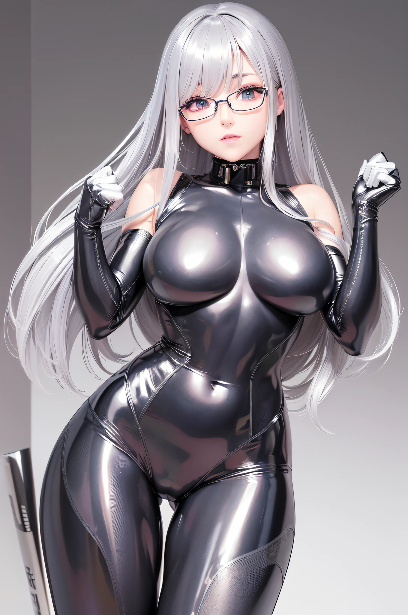 5 8K UHD、Muscular and silver-haired beauty in shiny full-body silver suit with glasses with hands folded behind her head、Shiny silver latex suit with hidden skin、Only from the waist up