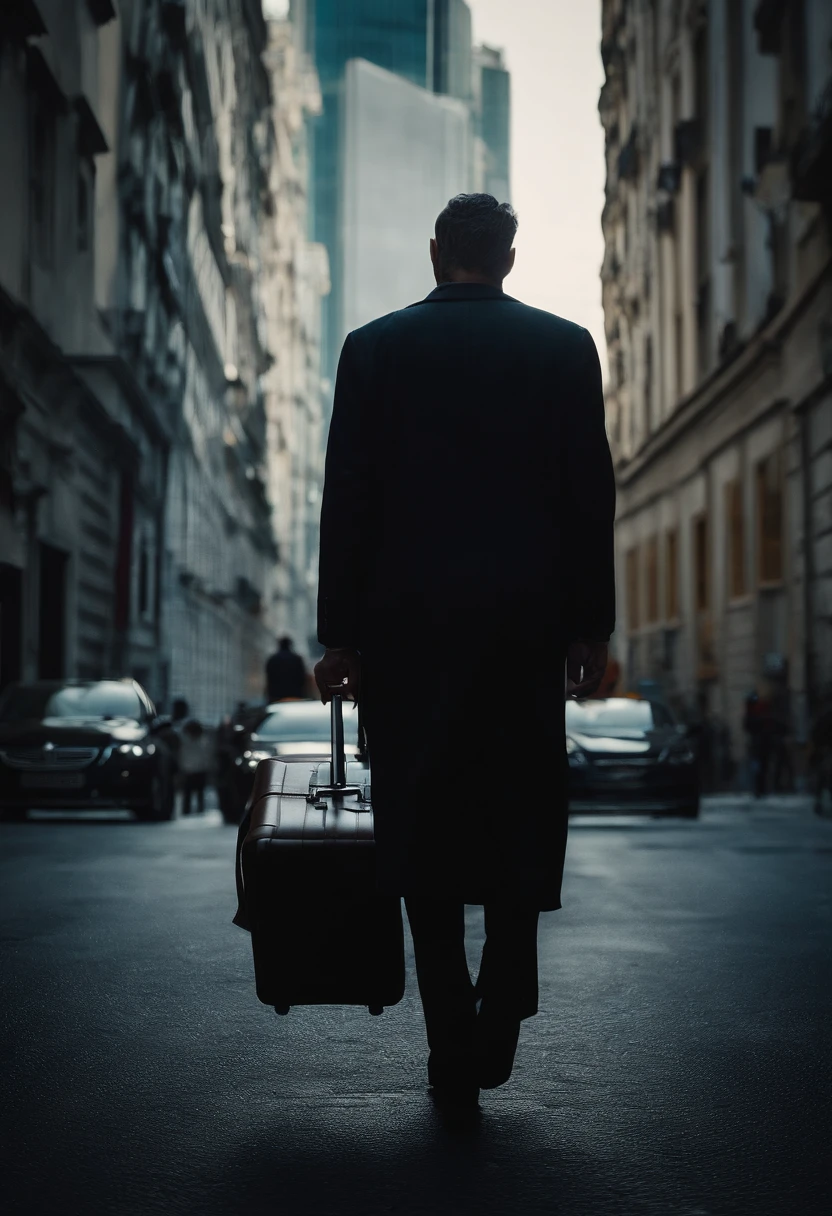 There's a man walking down the street with a suitcase, homem andando pela cidade, he is traversing a shadowy city, caminhando para o trabalho, Um homem, imagem promocional do filme, homem andando, cinematic still, Cinematic Shot!, Caminhando no topo de uma pequena cidade, standing in a city street, foto ainda, standing in a city center, Distrito Empresarial Highrise