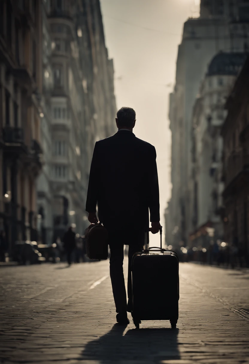 There's a man walking down the street with a suitcase, homem andando pela cidade, he is traversing a shadowy city, caminhando para o trabalho, Um homem, imagem promocional do filme, homem andando, cinematic still, Cinematic Shot!, Caminhando no topo de uma pequena cidade, standing in a city street, foto ainda, standing in a city center, Distrito Empresarial Highrise