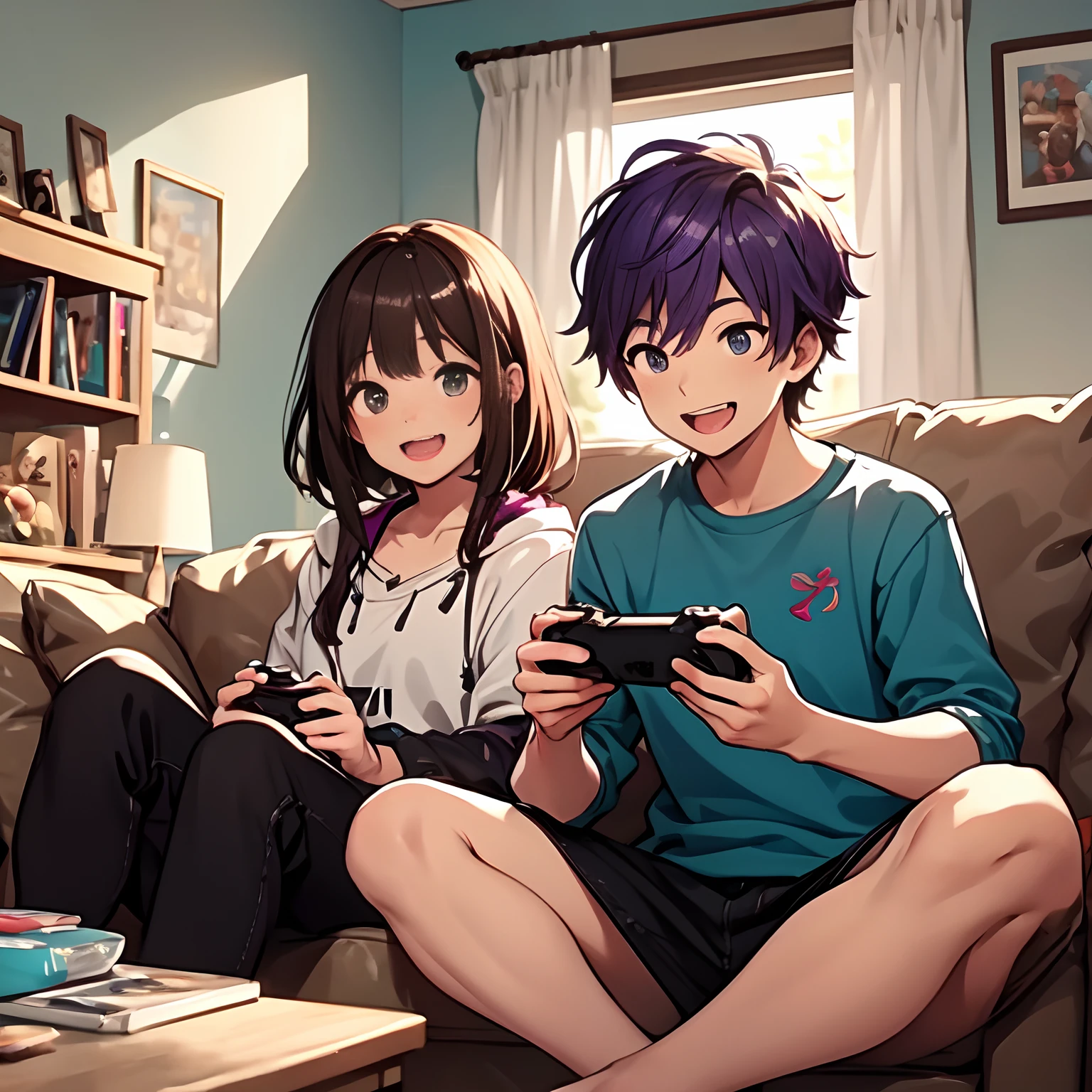 Black Hair Boy And Brown-Haired Girl、great laughter、Video games together、sofas、DVR、relax vibe、high-level image quality、A delightful、controller、Playing、Deformed