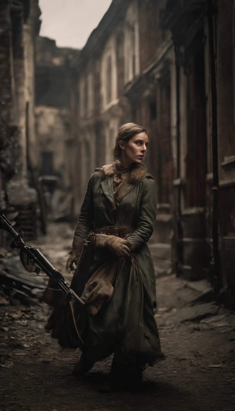 A woman holds an assault rifle,In an abandoned and dilapidated city,Spooky atmosphere,Zombie virus outbreak,The end of the world,The city is full of zombies,Realistic lighting,incredibly detailed,4K Ultra Clear