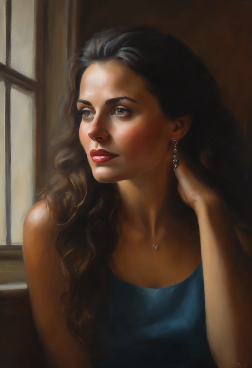 Woman with a light expression and self-confident posture, ao lado outras pessoas conversando, oil-painting, Pinceladas duras, dramatic lighting, intense expression, Olhos determinados, segurar punhos,  realismo, (best quality, alta resolução, ultra-detalhado), (Realistic:1.37), profissional, vivid colors.