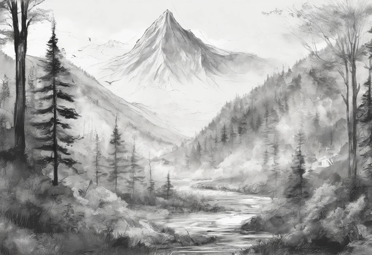Mountain landscape, deciduous forests, charcoal sketch, very detailed and delicate