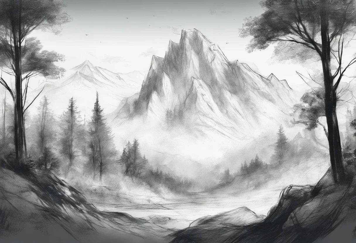 Mountain landscape, deciduous forests, charcoal sketch, very detailed and delicate